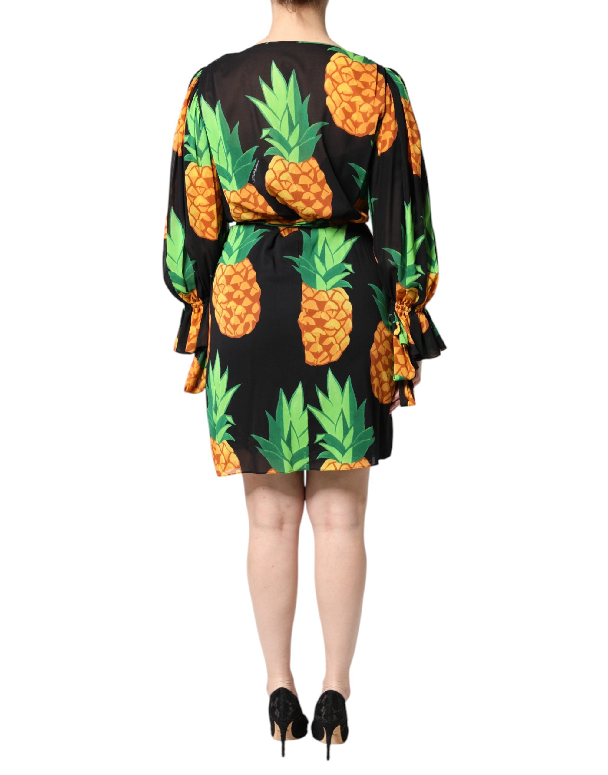 Dolce & Gabbana Black Silk Pineapple Draped Print Wrap Women's Dress