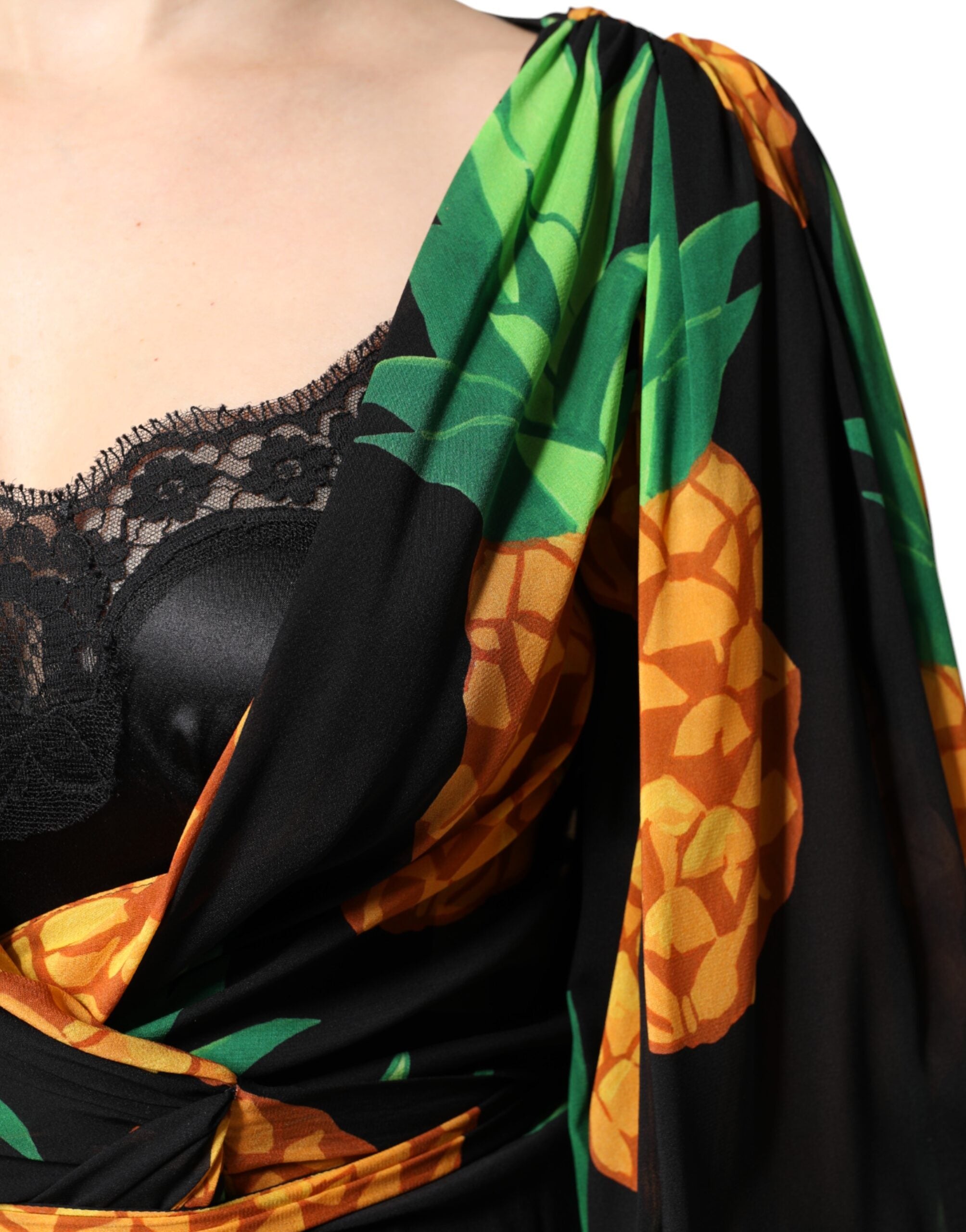 Dolce & Gabbana Black Silk Pineapple Draped Print Wrap Women's Dress