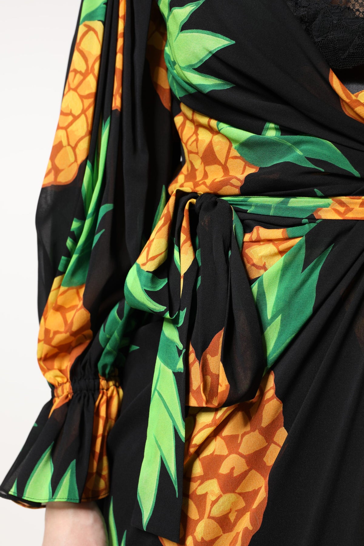 Dolce & Gabbana Black Silk Pineapple Draped Print Wrap Women's Dress