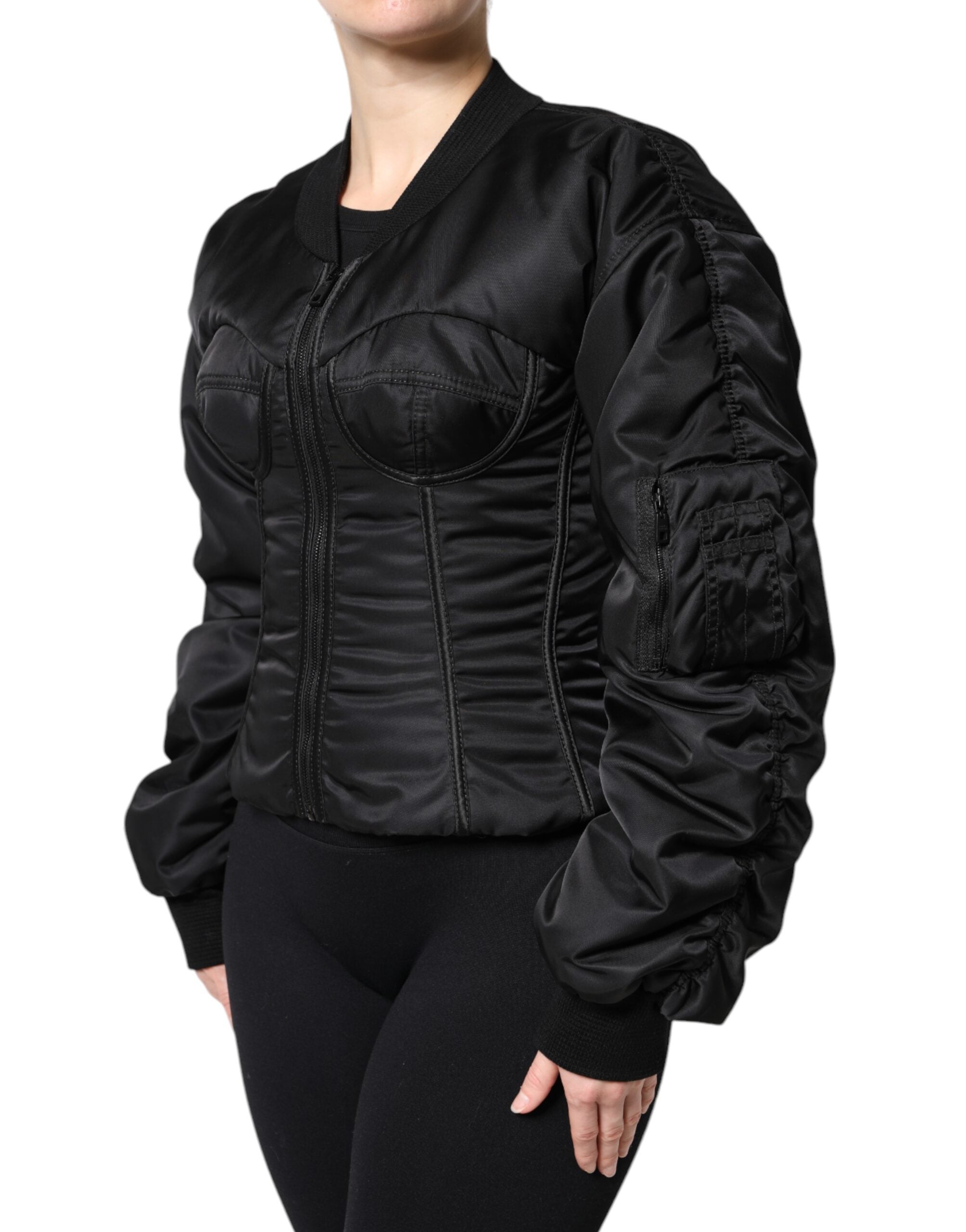 Dolce & Gabbana Black Nylon Full Zip Bustier Corset Women's Jacket