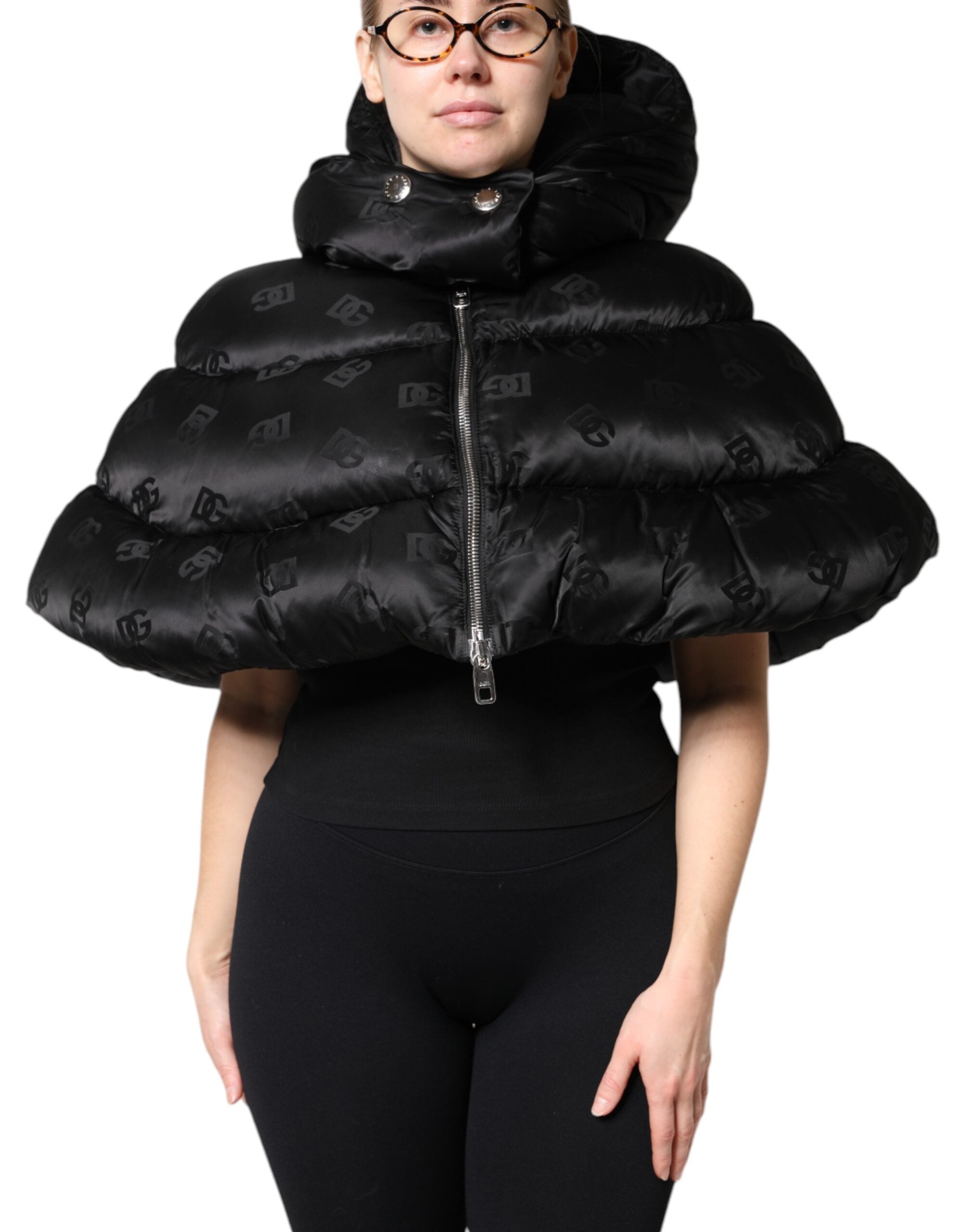 Dolce & Gabbana Black Padded Puffer Hooded Full Zip Cropped Women's Jacket