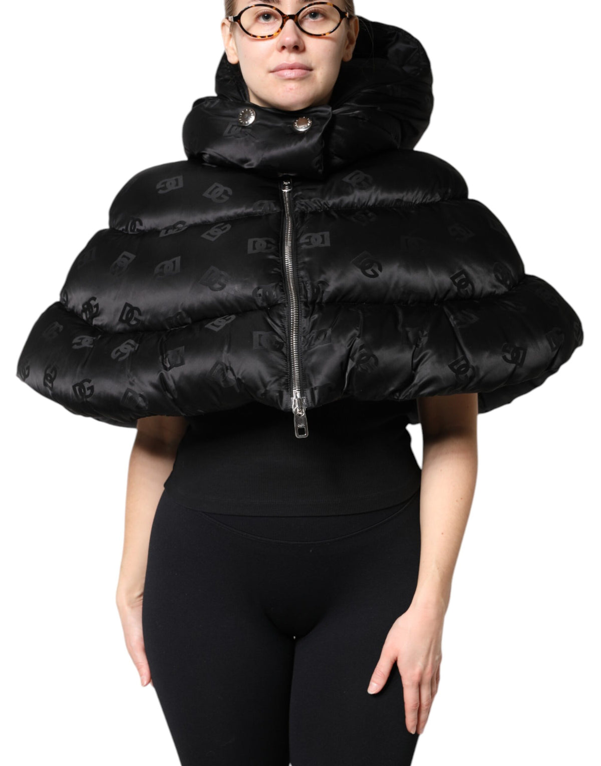 Dolce & Gabbana Black Padded Puffer Hooded Full Zip Cropped Women's Jacket