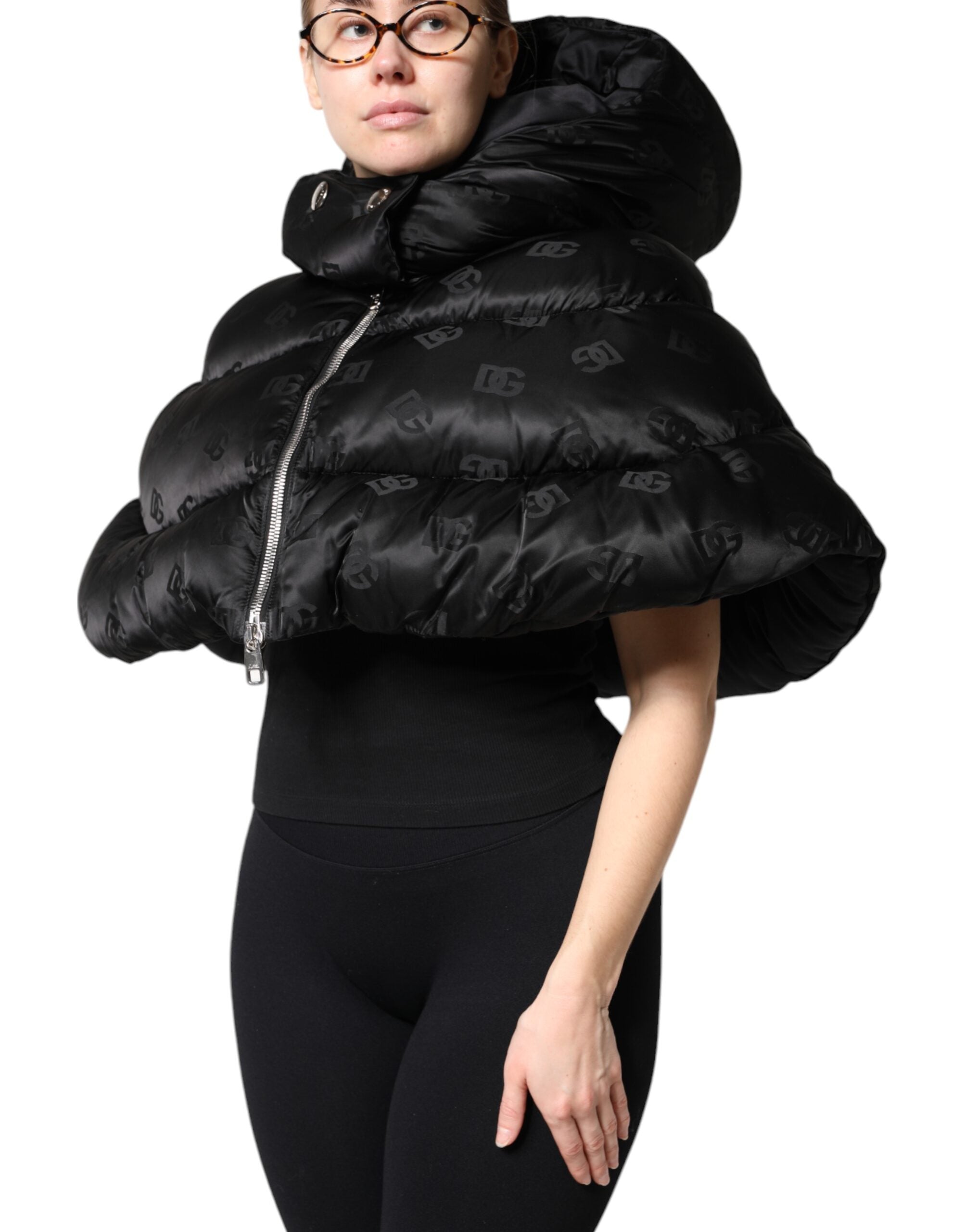 Dolce & Gabbana Black Padded Puffer Hooded Full Zip Cropped Women's Jacket