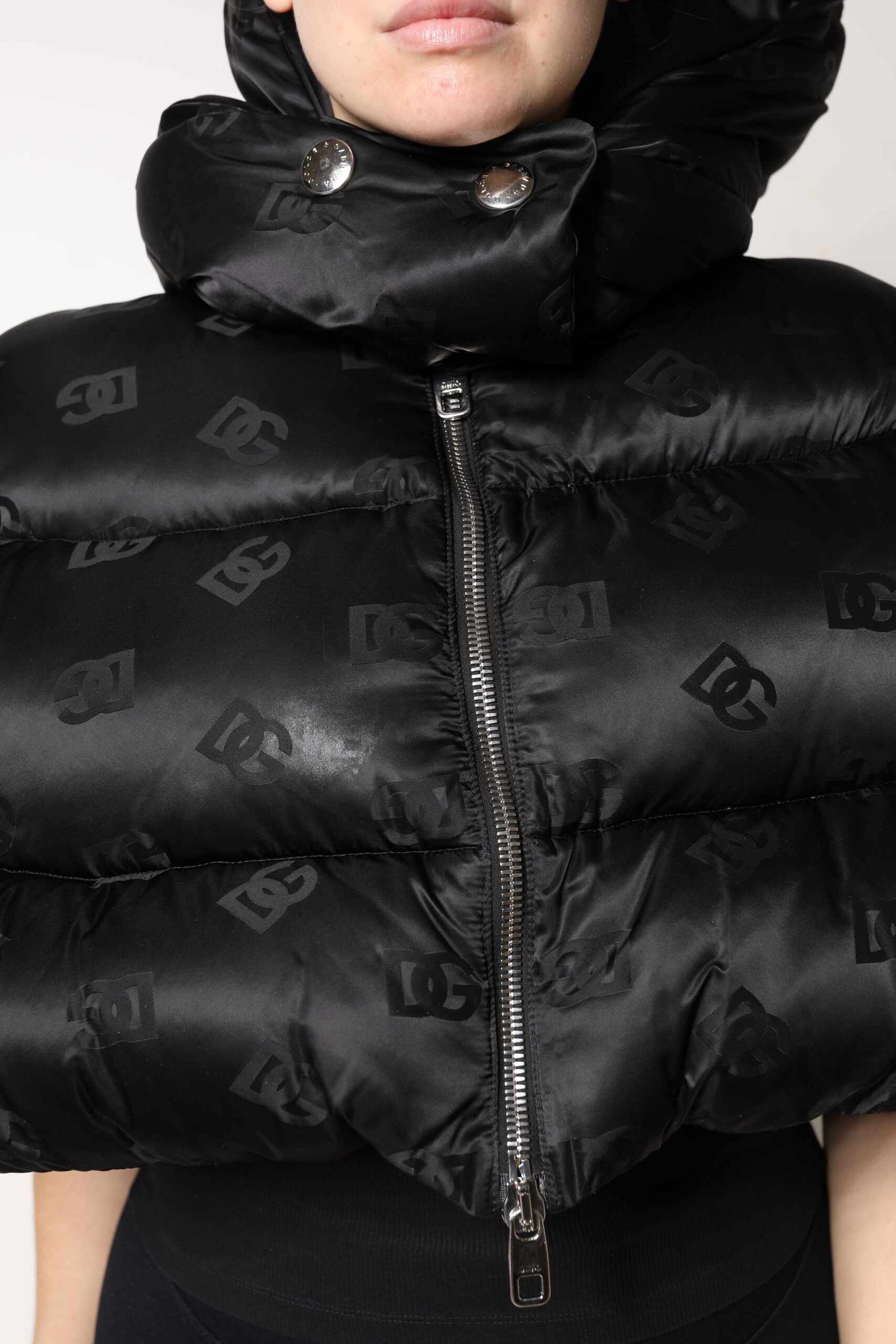 Dolce & Gabbana Black Padded Puffer Hooded Full Zip Cropped Women's Jacket