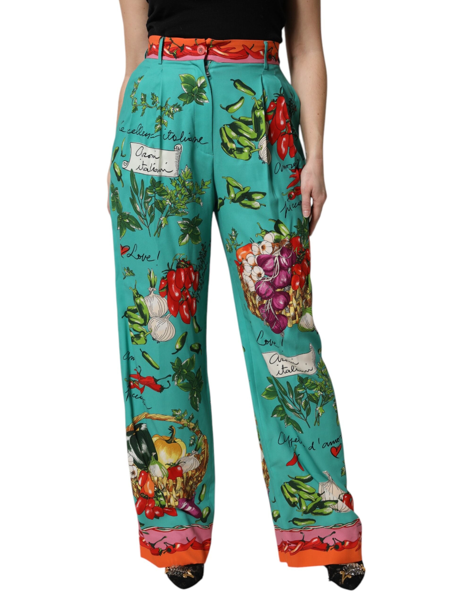 Dolce & Gabbana Green Silk Printed Straight Women's Pants (Pre-Owned)