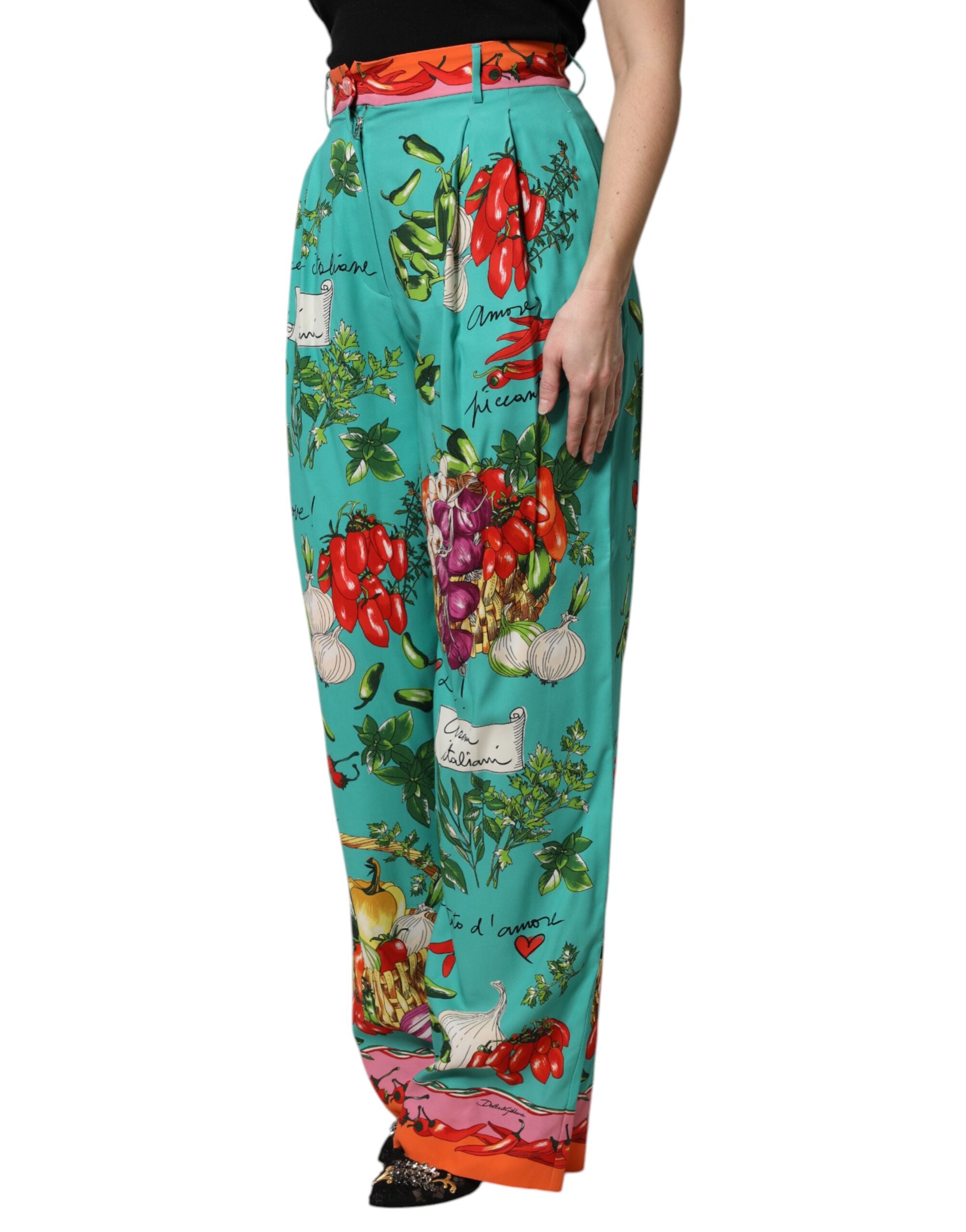 Dolce & Gabbana Green Silk Printed Straight Women's Pants
