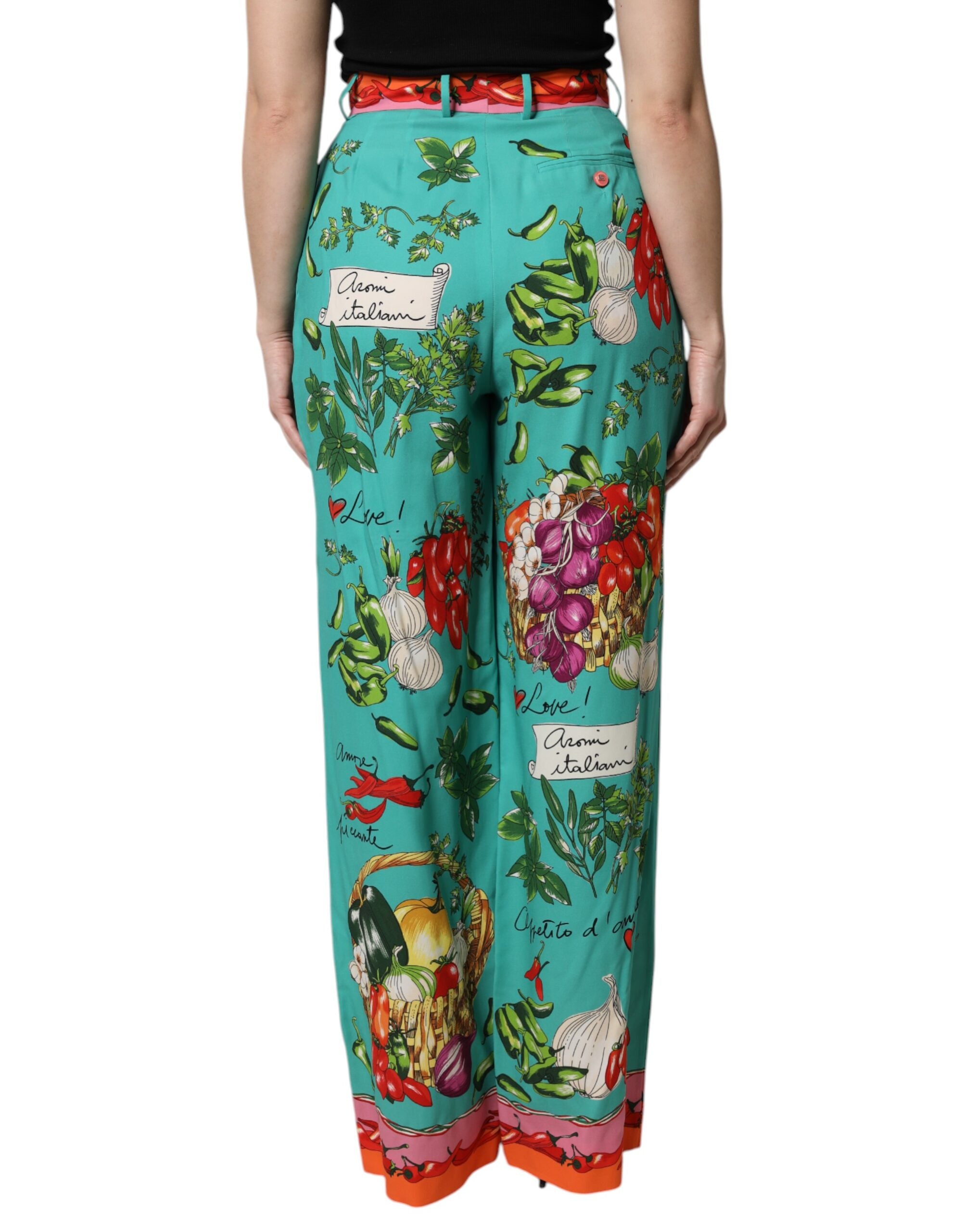 Dolce & Gabbana Green Silk Printed Straight Women's Pants