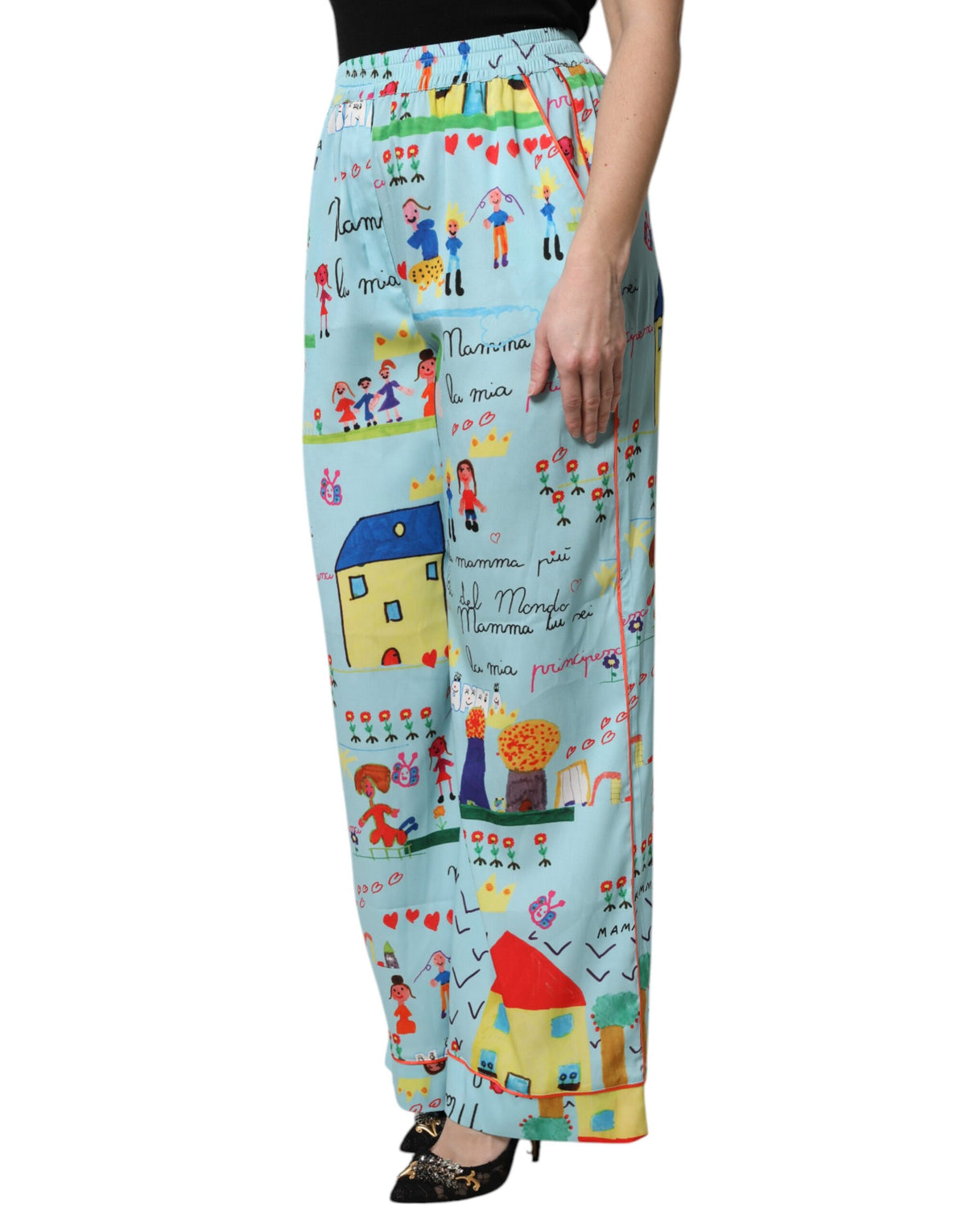 Dolce & Gabbana Light Blue Drawing Mid Waist Wide Leg Women's Pants