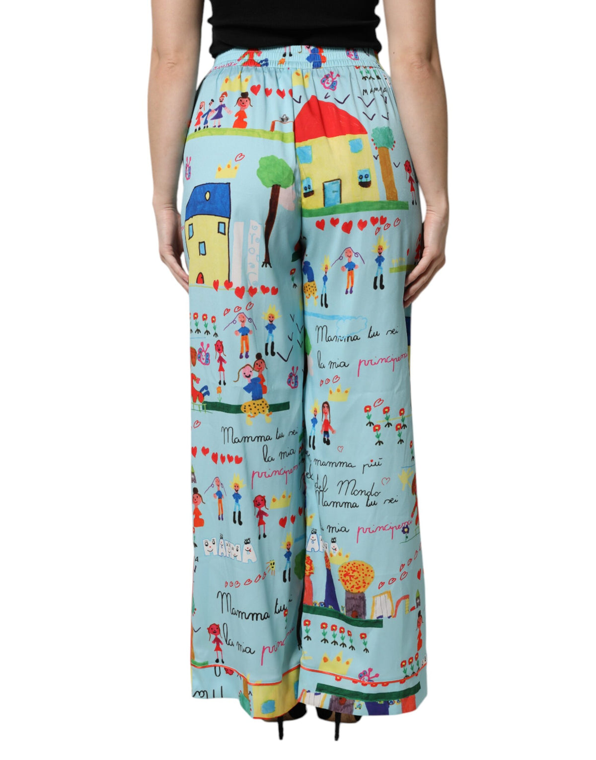Dolce & Gabbana Light Blue Drawing Mid Waist Wide Leg Women's Pants