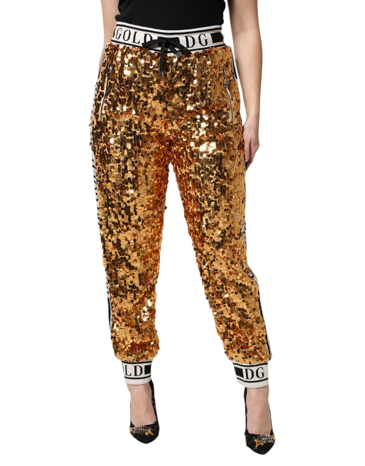 Dolce & Gabbana Metallic Gold DG Logo Sequined Jogger Women's Pants