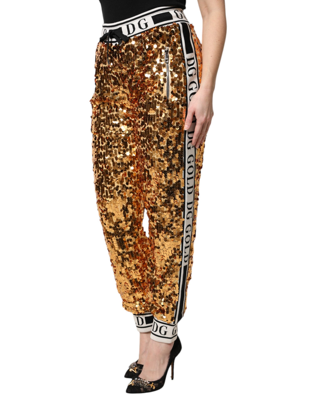 Dolce & Gabbana Metallic Gold DG Logo Sequined Jogger Women's Pants