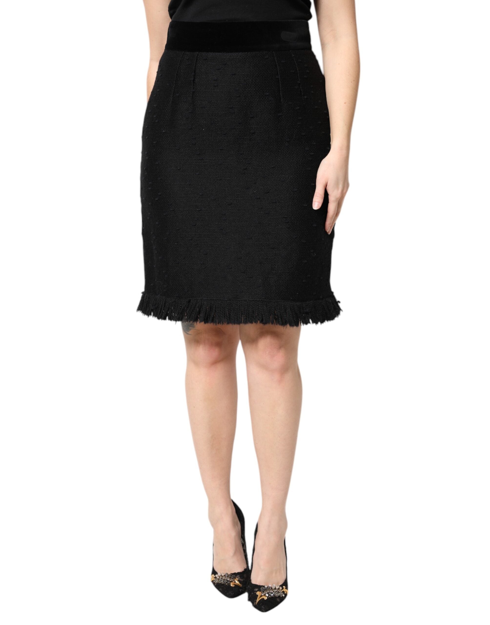 Dolce & Gabbana Black Wool Fringe High Waist Pencil Mini Women's Skirt