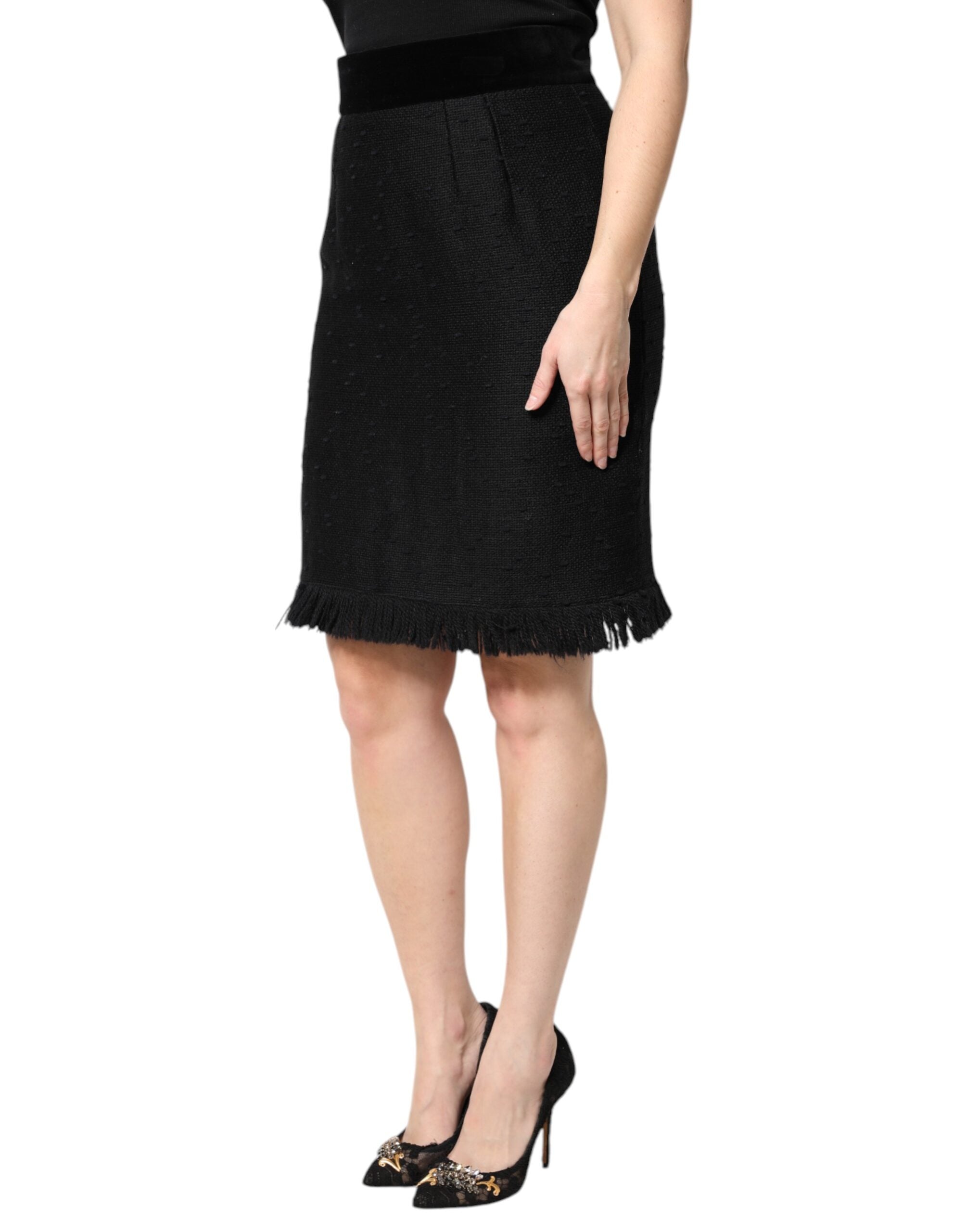Dolce & Gabbana Black Wool Fringe High Waist Pencil Mini Women's Skirt