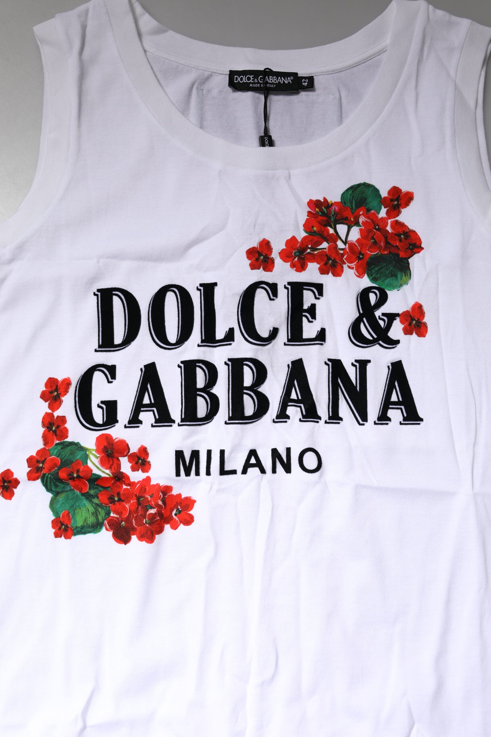 Dolce & Gabbana White Floral Printed Cotton Sleeveless Women's T-shirt