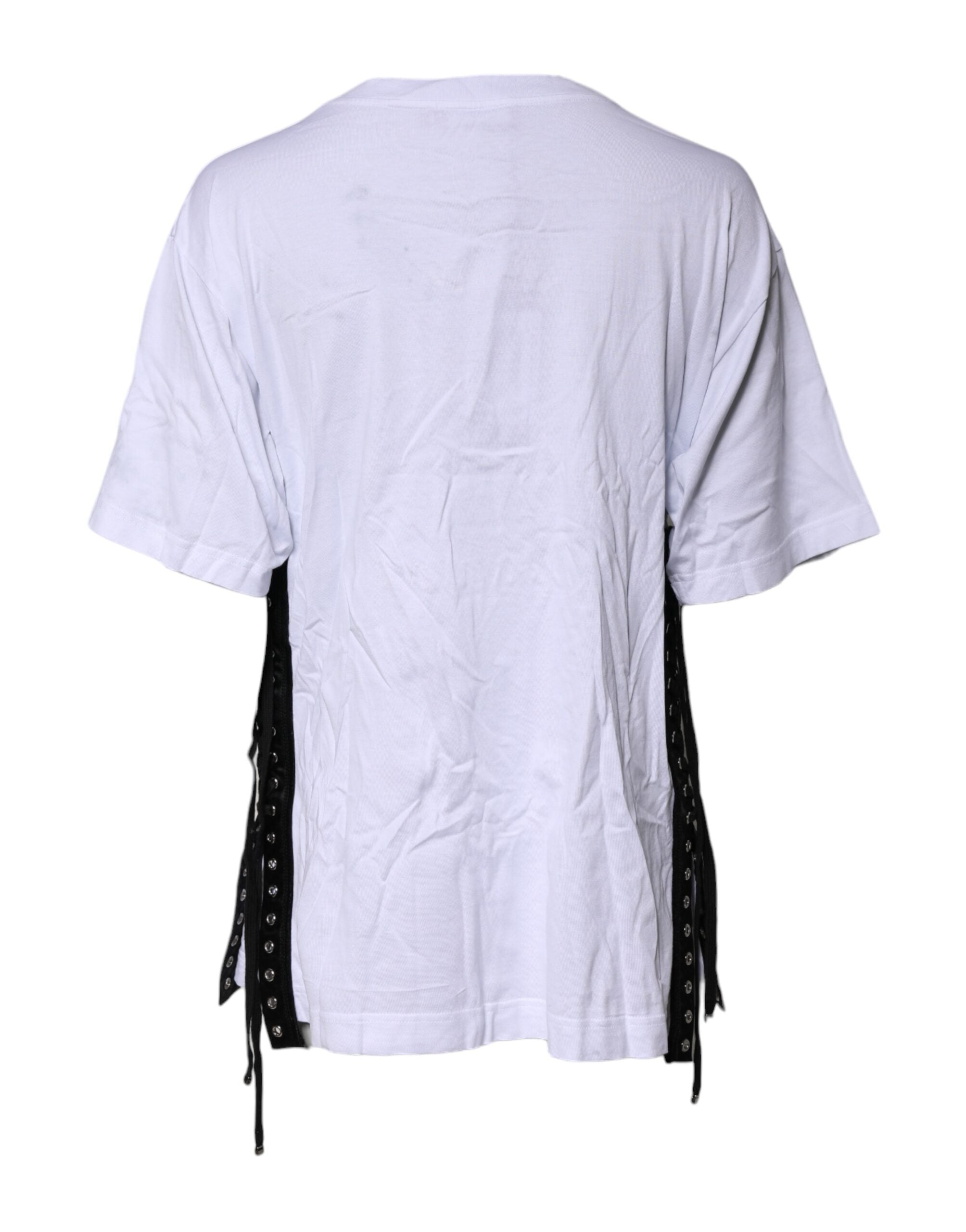 Dolce & Gabbana White Print Lace-Up Cotton Crew Neck Women's T-shirt (Pre-Owned)