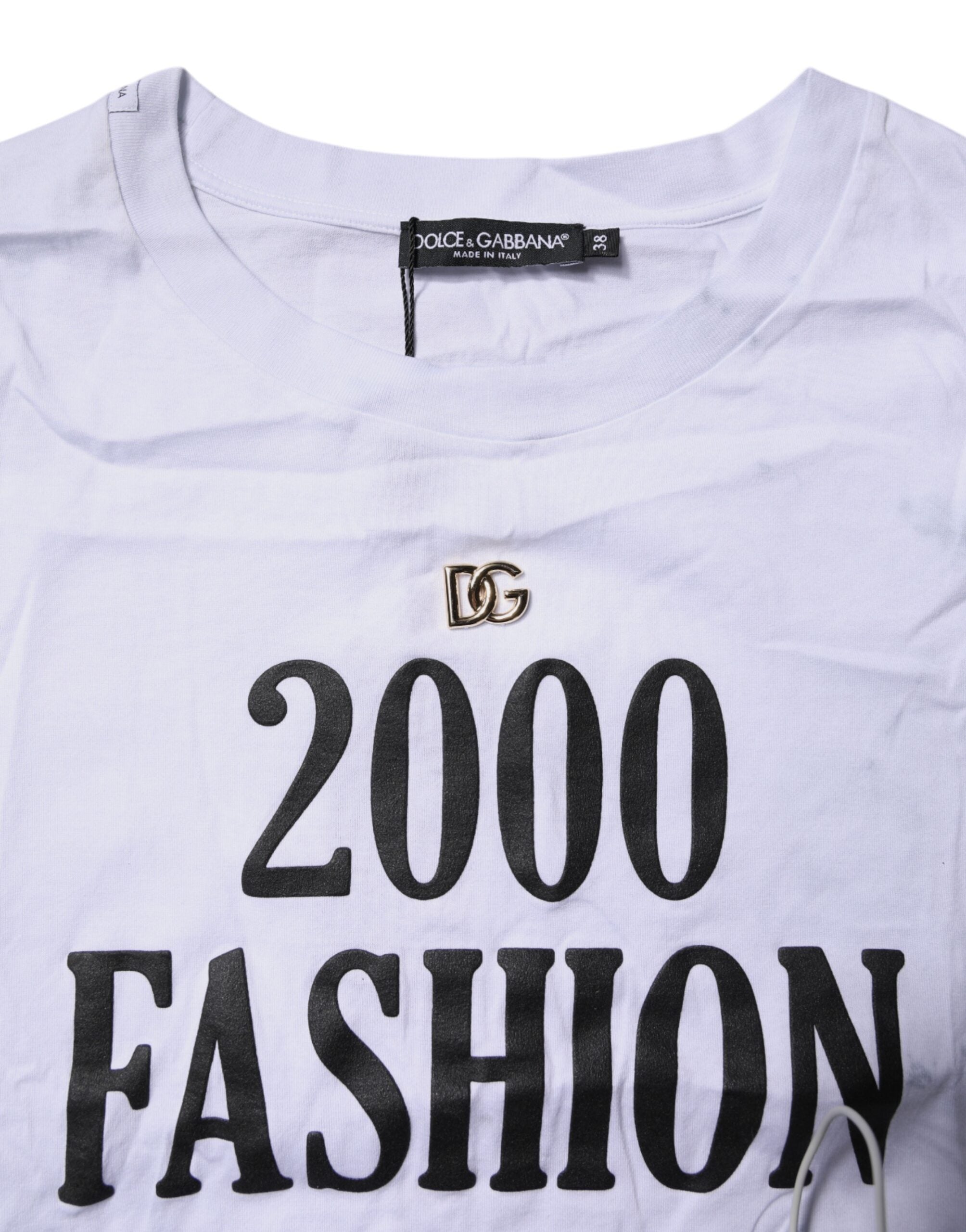 Dolce & Gabbana White Print Lace-Up Cotton Crew Neck Women's T-shirt (Pre-Owned)