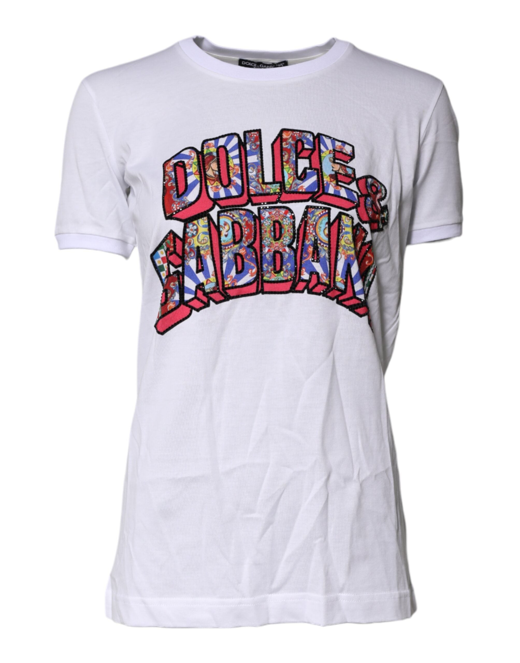 Dolce & Gabbana White Cotton Logo Print Round Neck Women's T-shirt (Pre-Owned)