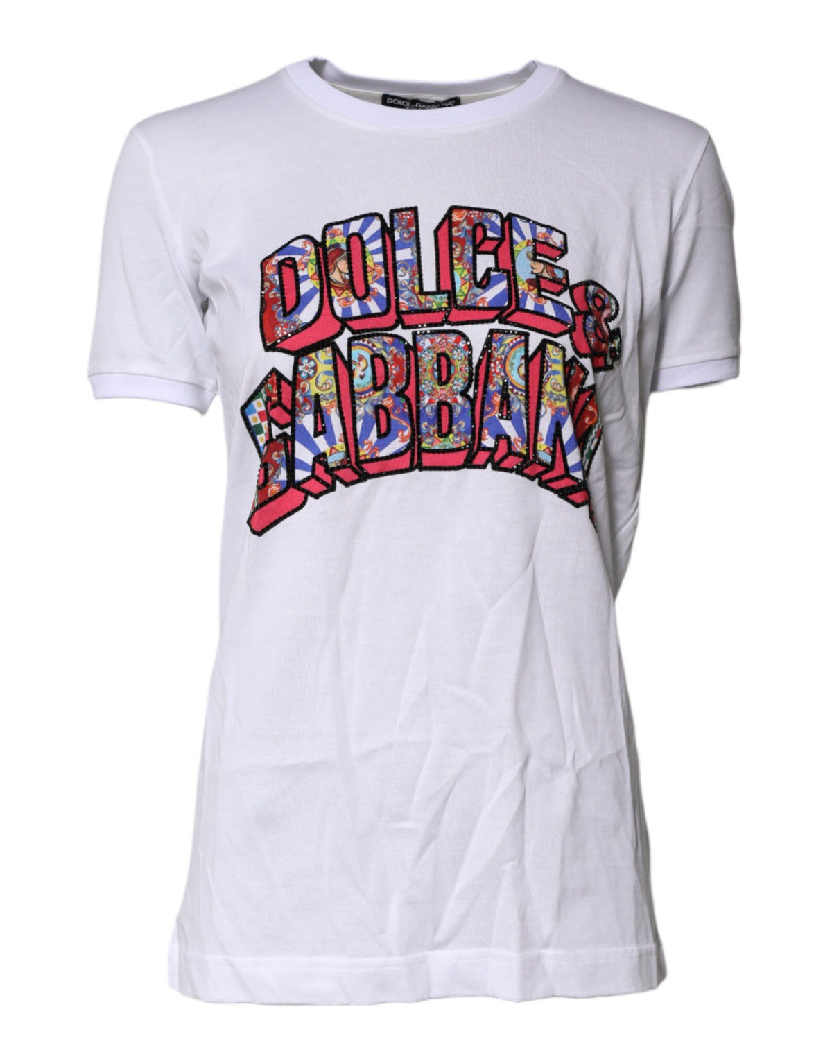 Dolce & Gabbana White Cotton Logo Print Round Neck Women's T-shirt (Pre-Owned)