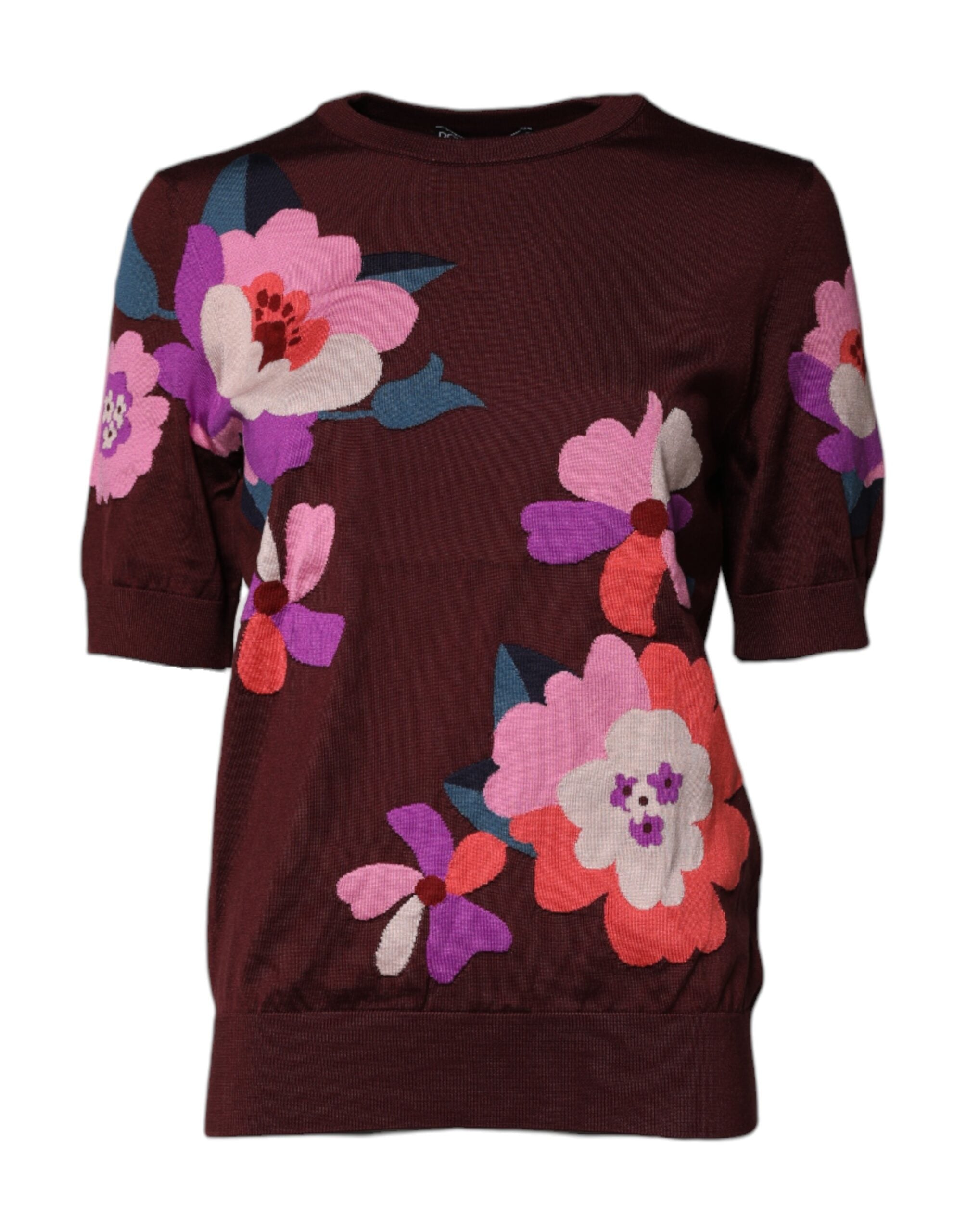 Dolce & Gabbana Maroon Floral Silk Crew Neck Blouse Women's Top