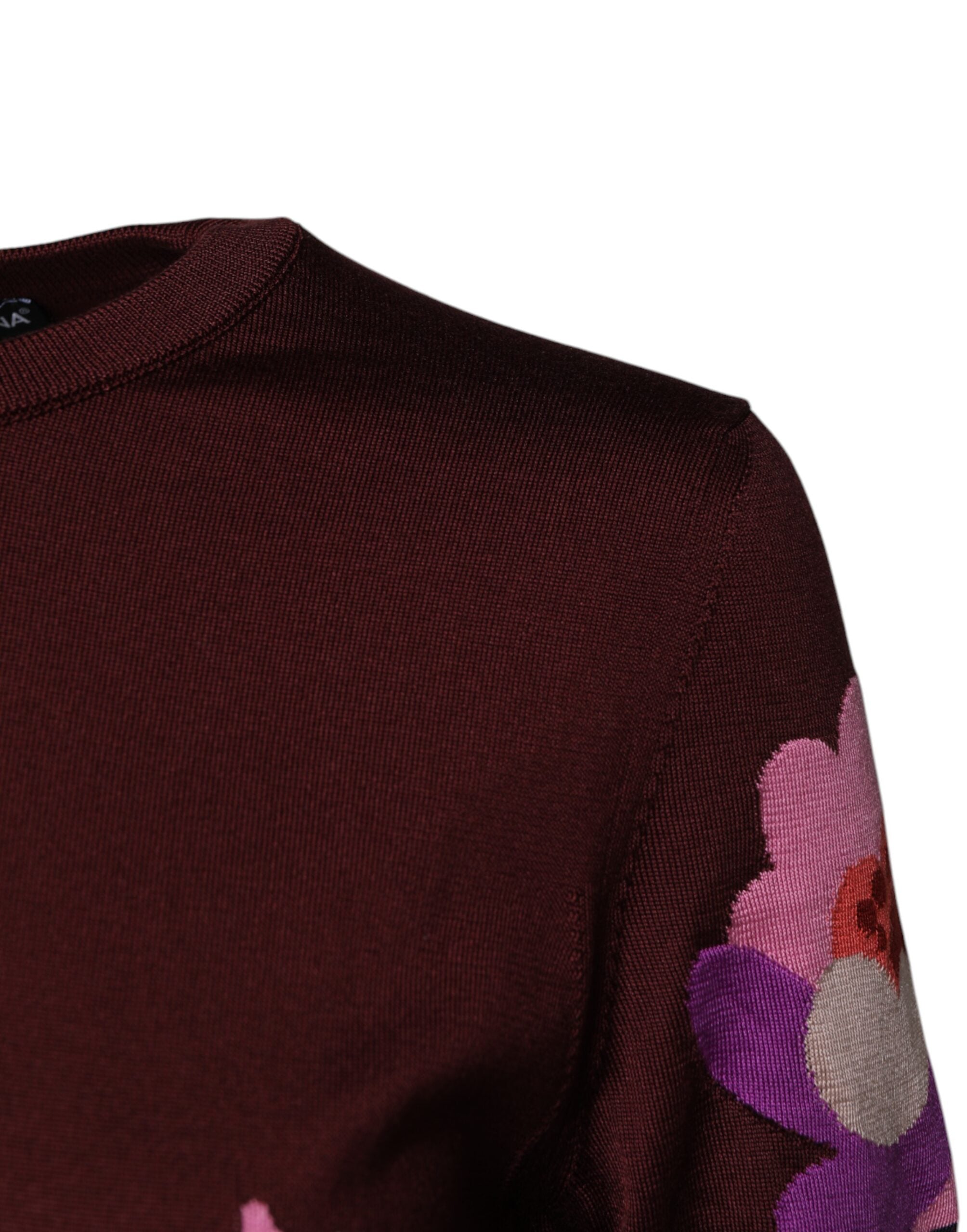 Dolce & Gabbana Maroon Floral Silk Crew Neck Blouse Women's Top