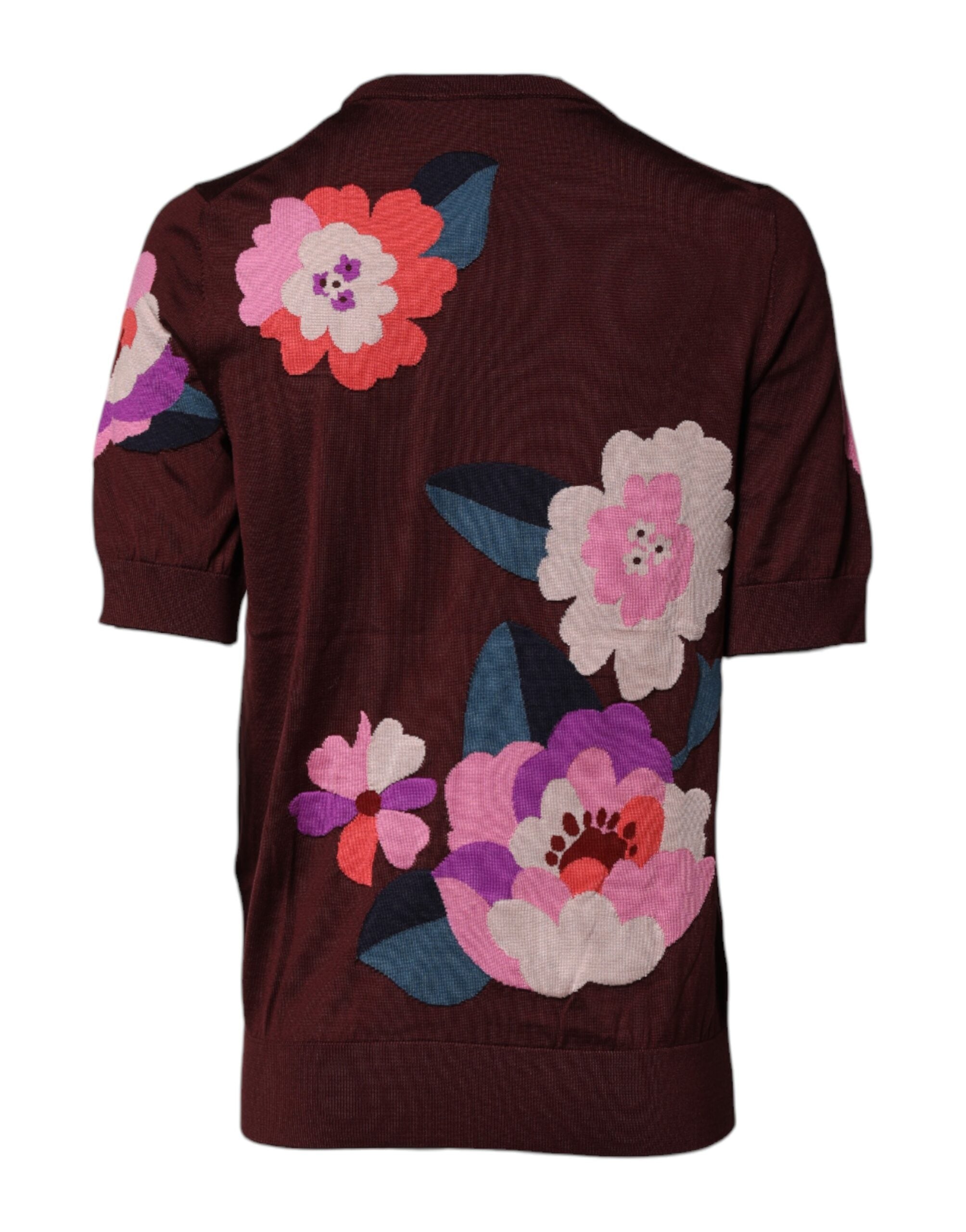 Dolce & Gabbana Maroon Floral Silk Crew Neck Blouse Women's Top