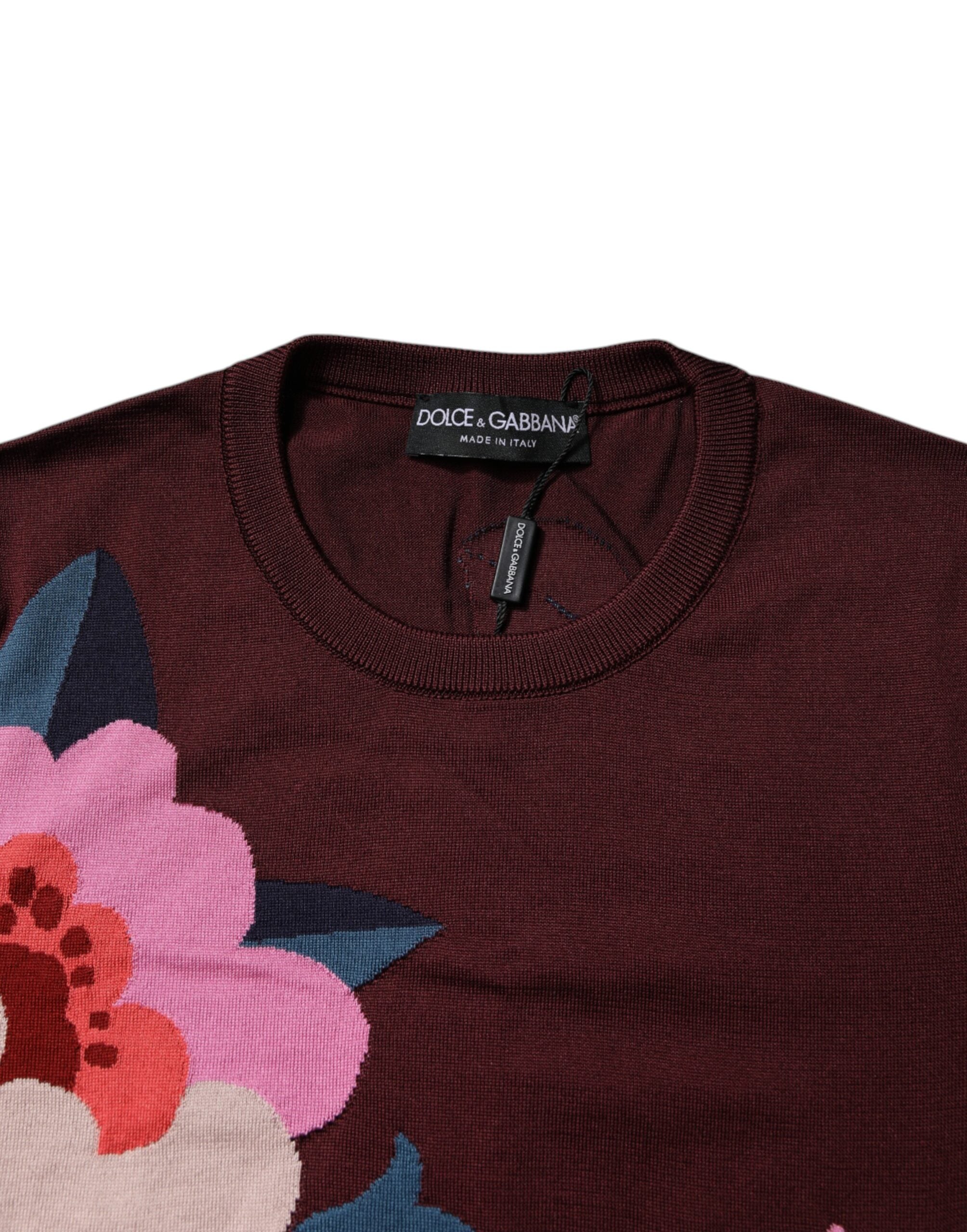 Dolce & Gabbana Maroon Floral Silk Crew Neck Blouse Women's Top