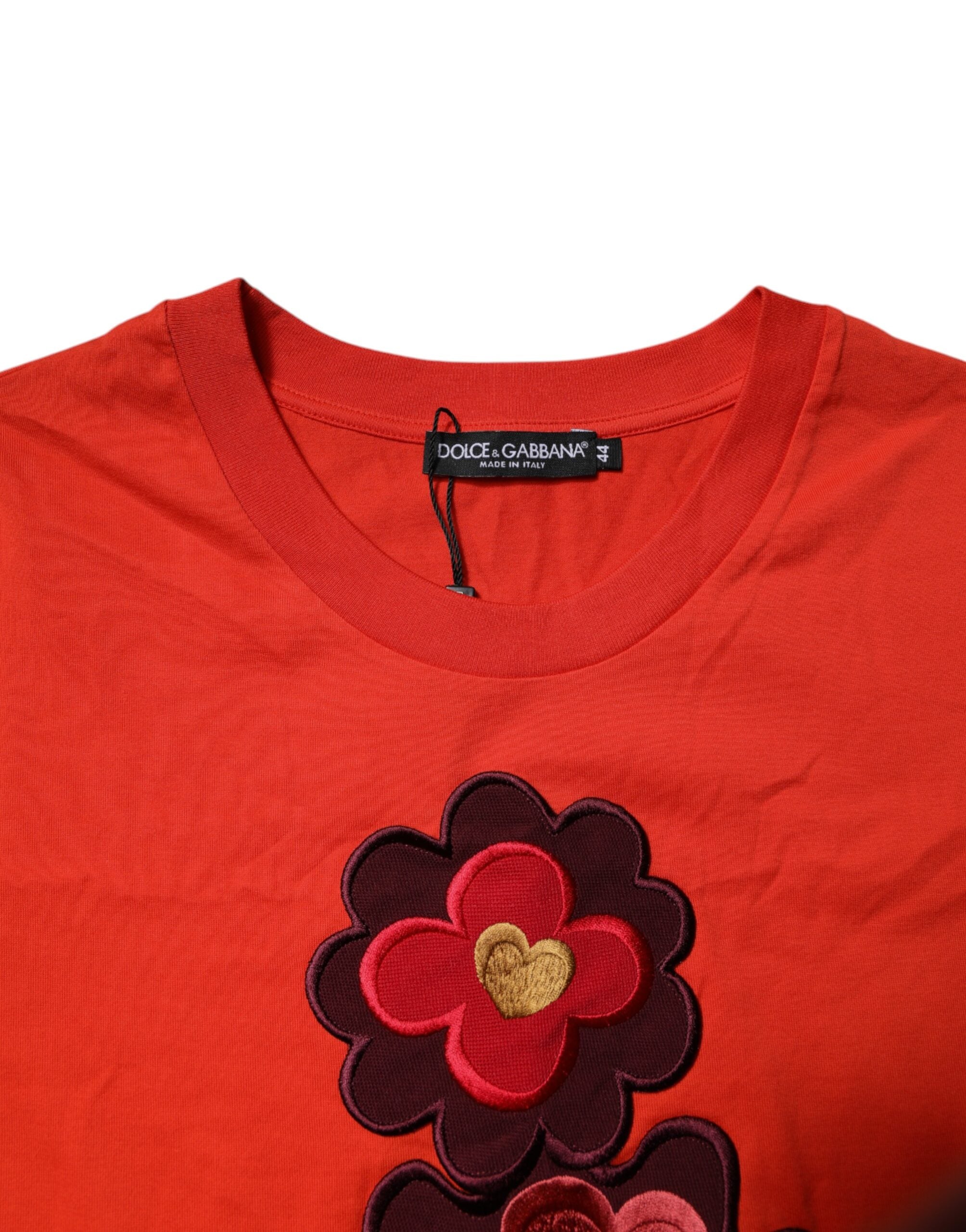 Dolce & Gabbana Red Floral Embroidery Cotton Crew Neck Women's T-shirt (Pre-Owned)