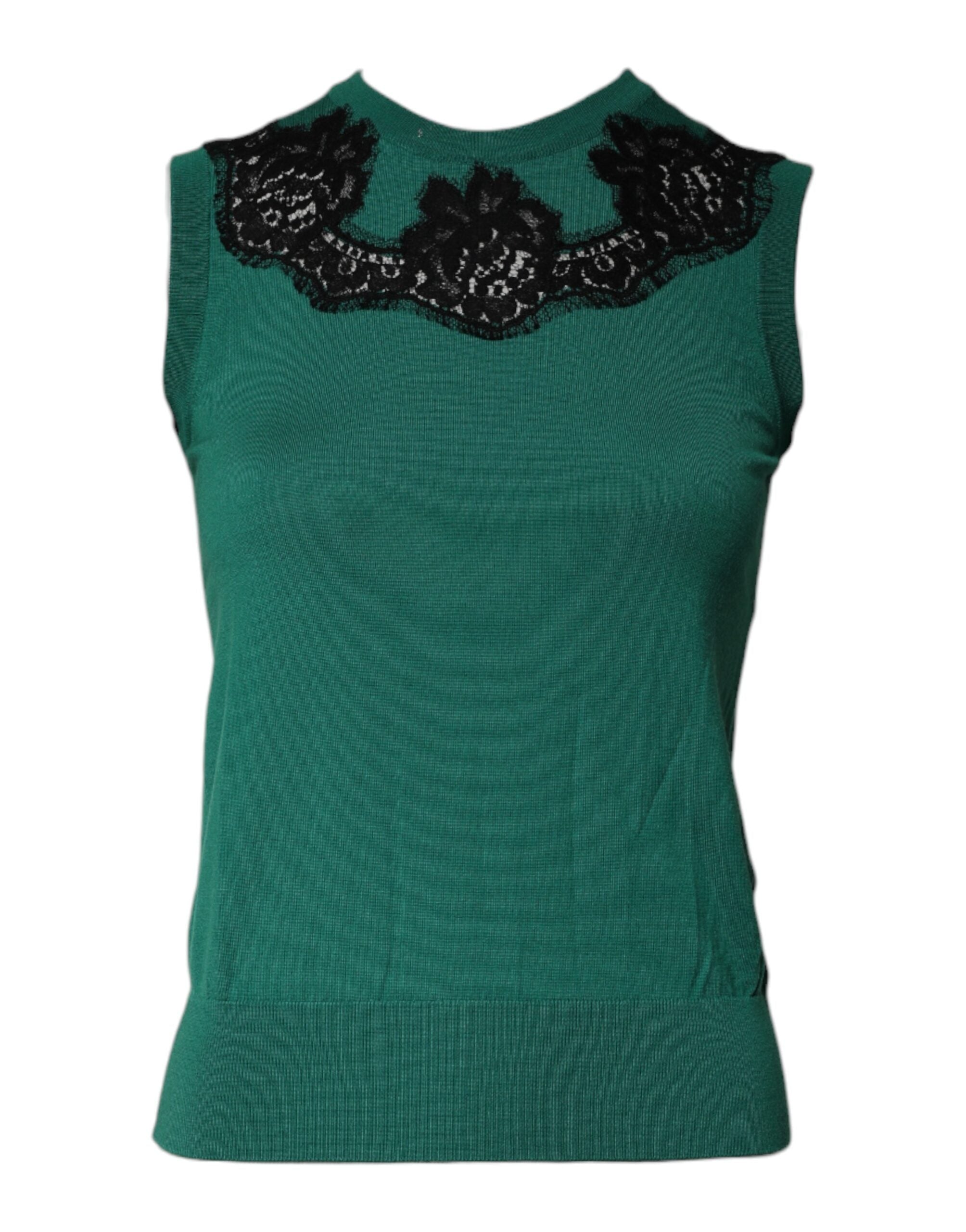 Dolce & Gabbana Green Wool Lace Detail Sleeveless Tank Women's Top