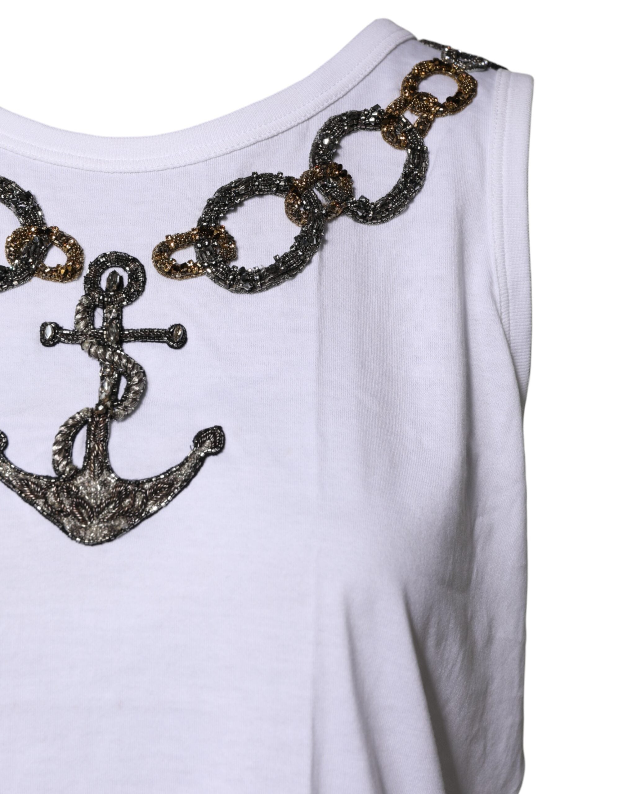 Dolce & Gabbana White Cotton Anchor Chain Embroidery Tank Women's Top (Pre-Owned)