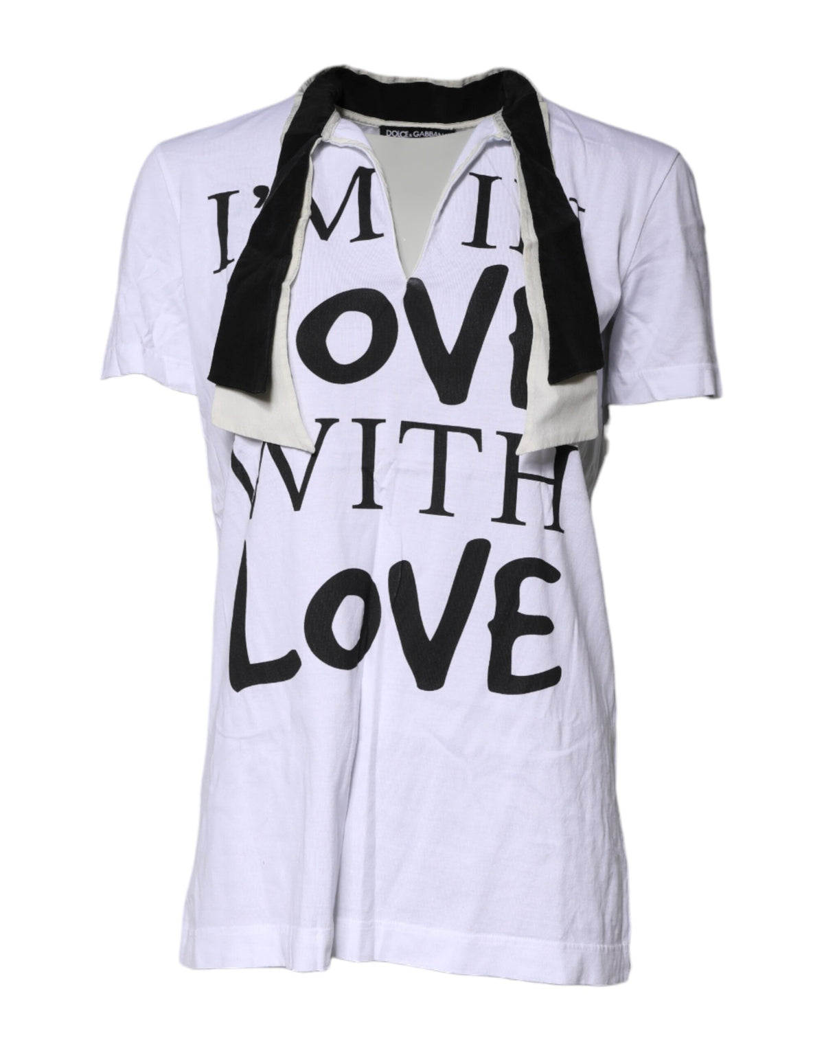 Dolce & Gabbana White Cotton Silk Blend Ascot Collar Women's T-shirt (Pre-Owned)
