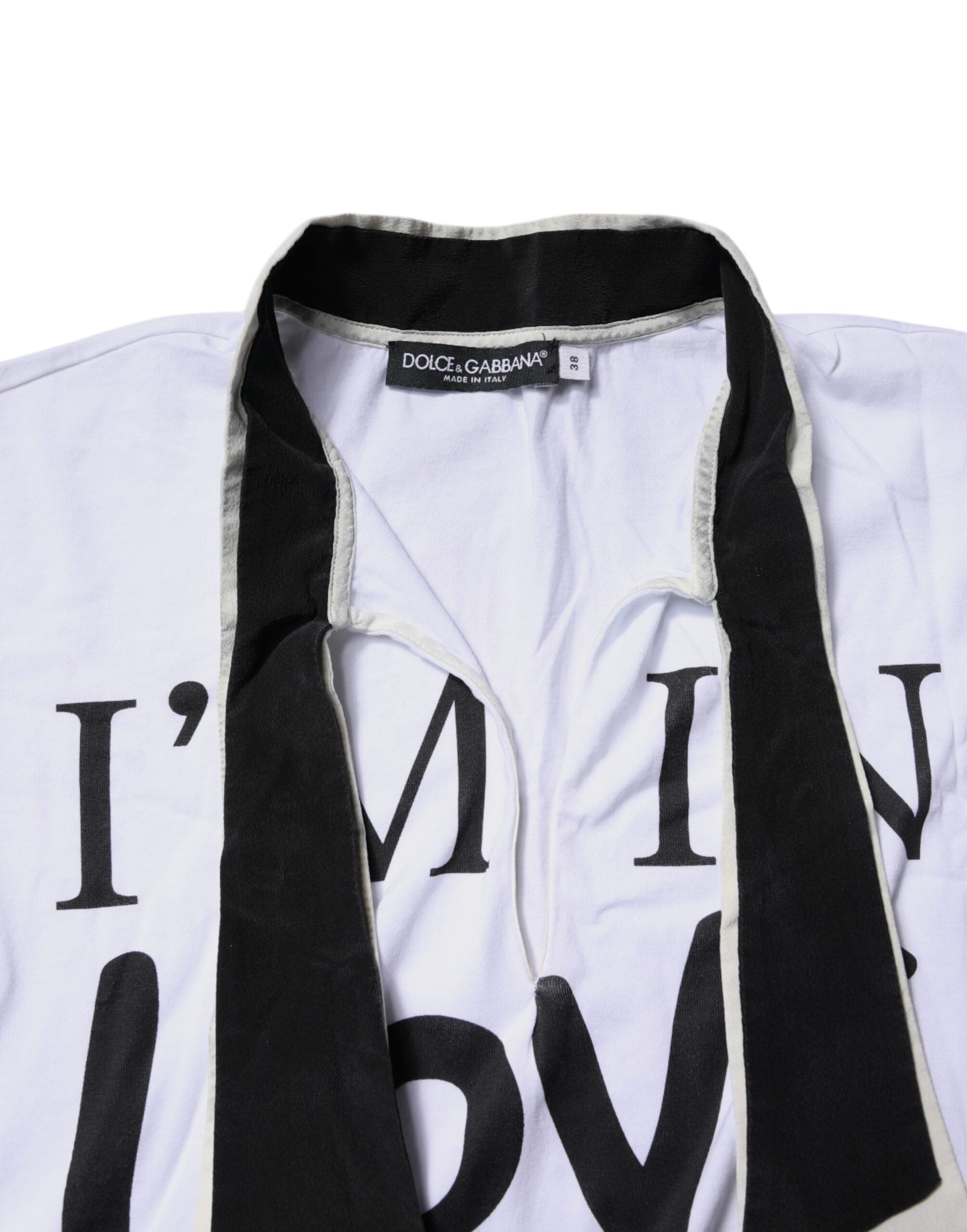 Dolce & Gabbana White Cotton Silk Blend Ascot Collar Women's T-shirt (Pre-Owned)