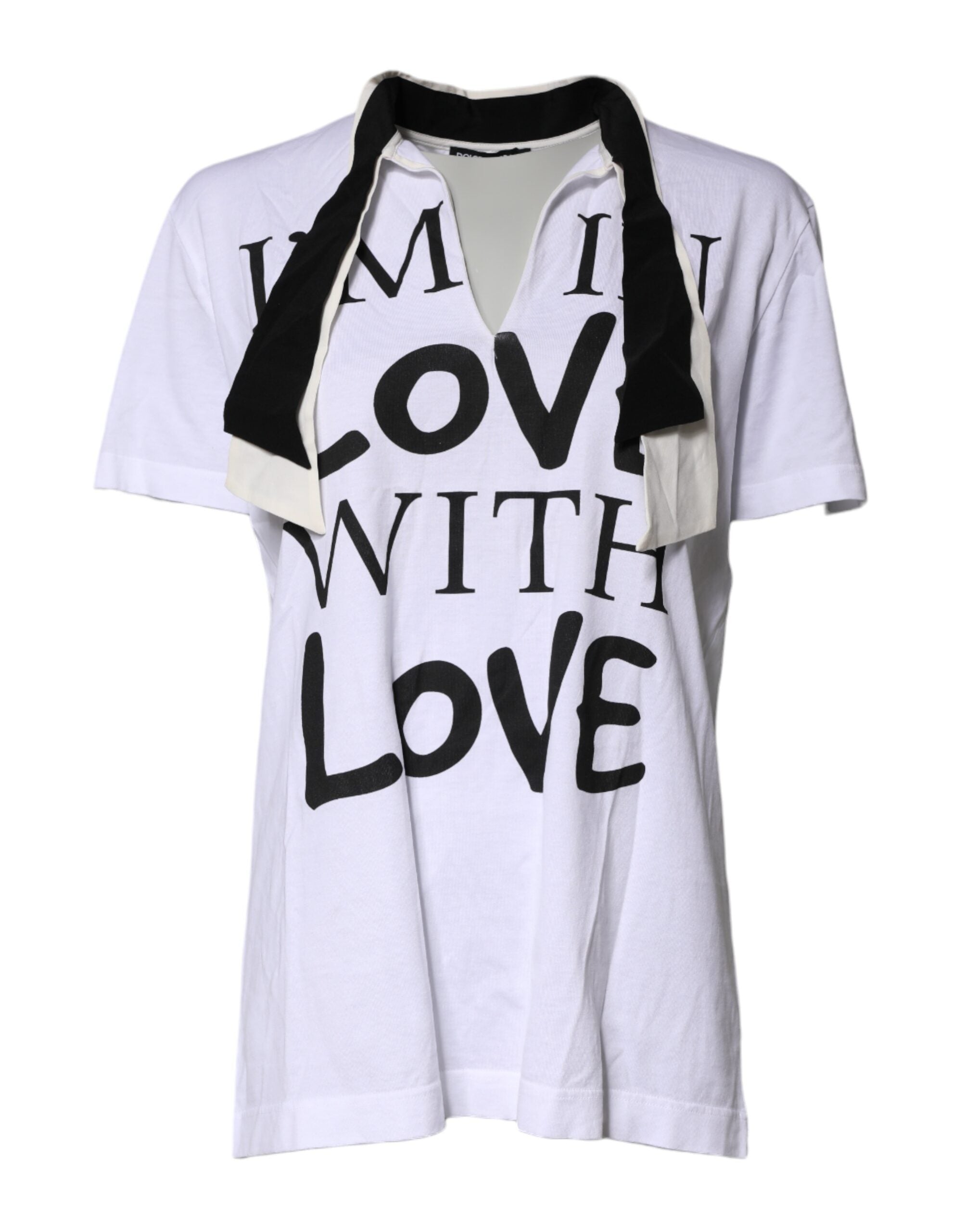 Dolce & Gabbana White Cotton Silk Blend Ascot Collar Women's T-shirt (Pre-Owned)