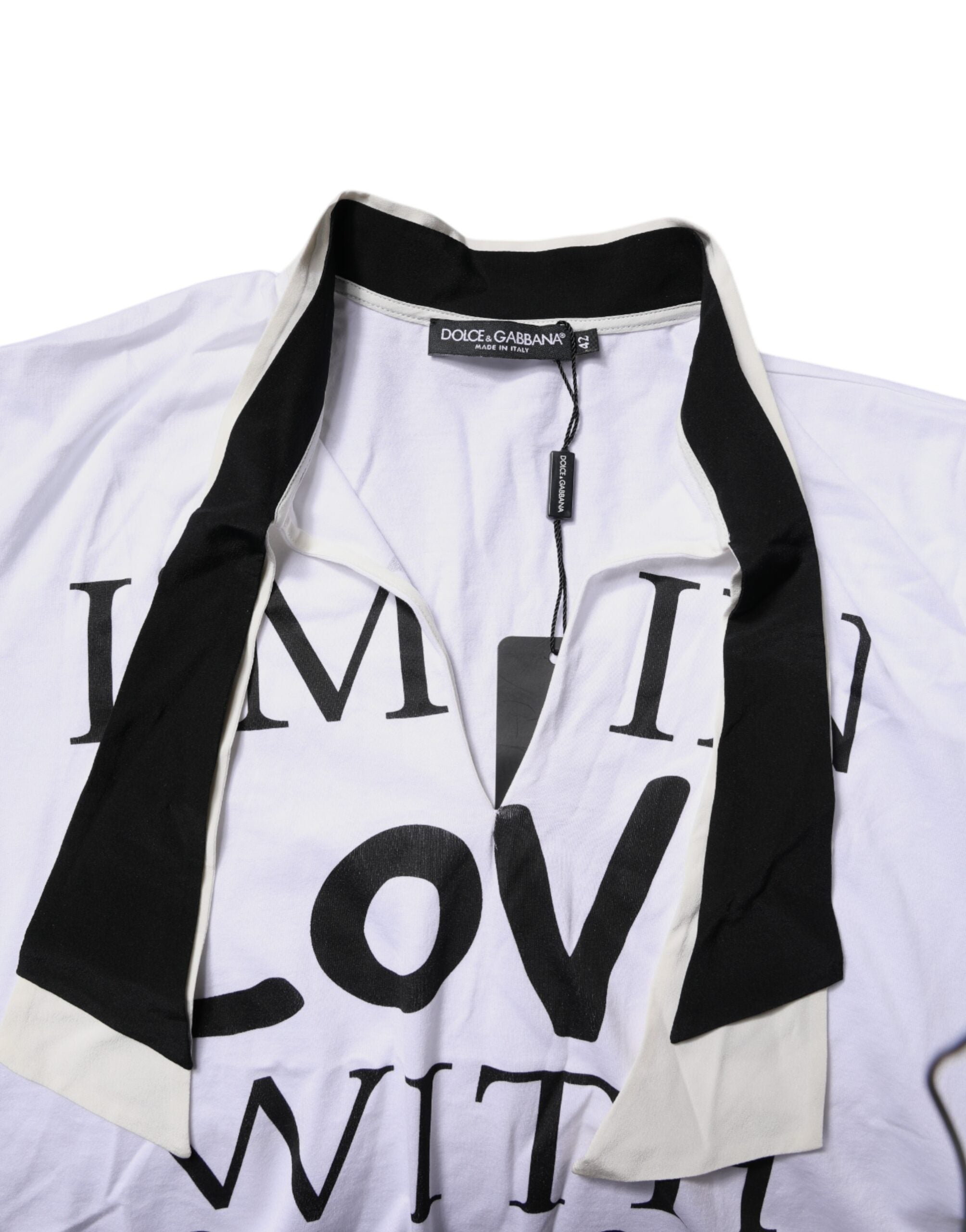 Dolce & Gabbana White Cotton Silk Blend Ascot Collar Women's T-shirt (Pre-Owned)