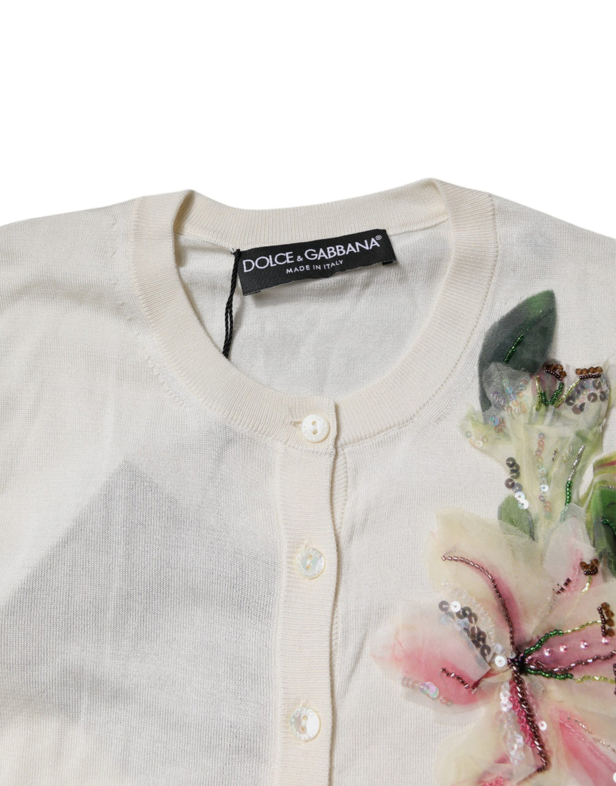 Dolce & Gabbana Cream Floral Silk Embellished Cardigan Women's Sweater