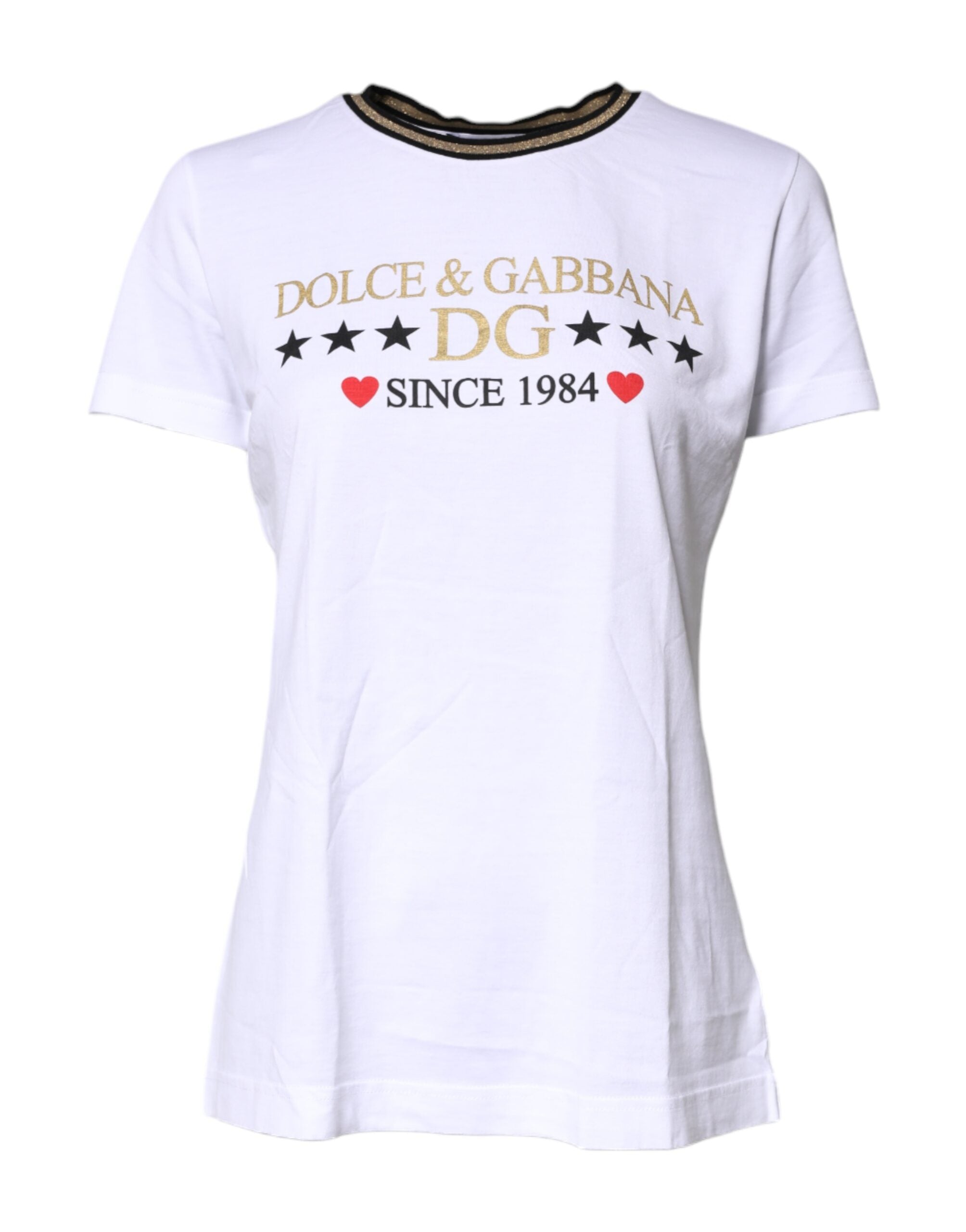 Dolce & Gabbana White Printed Round Neck Top Cotton Women's T-shirt