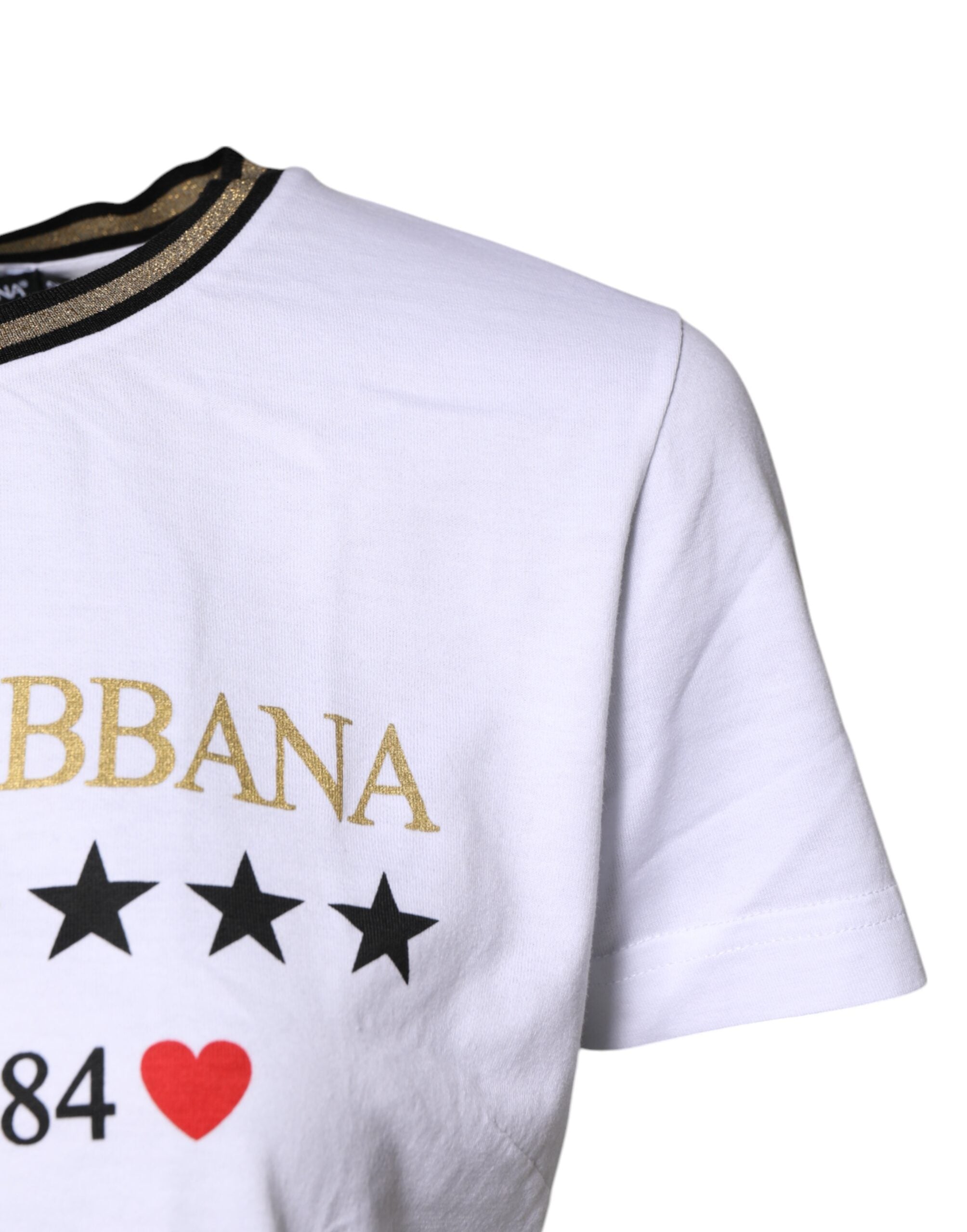 Dolce & Gabbana White Printed Round Neck Top Cotton Women's T-shirt