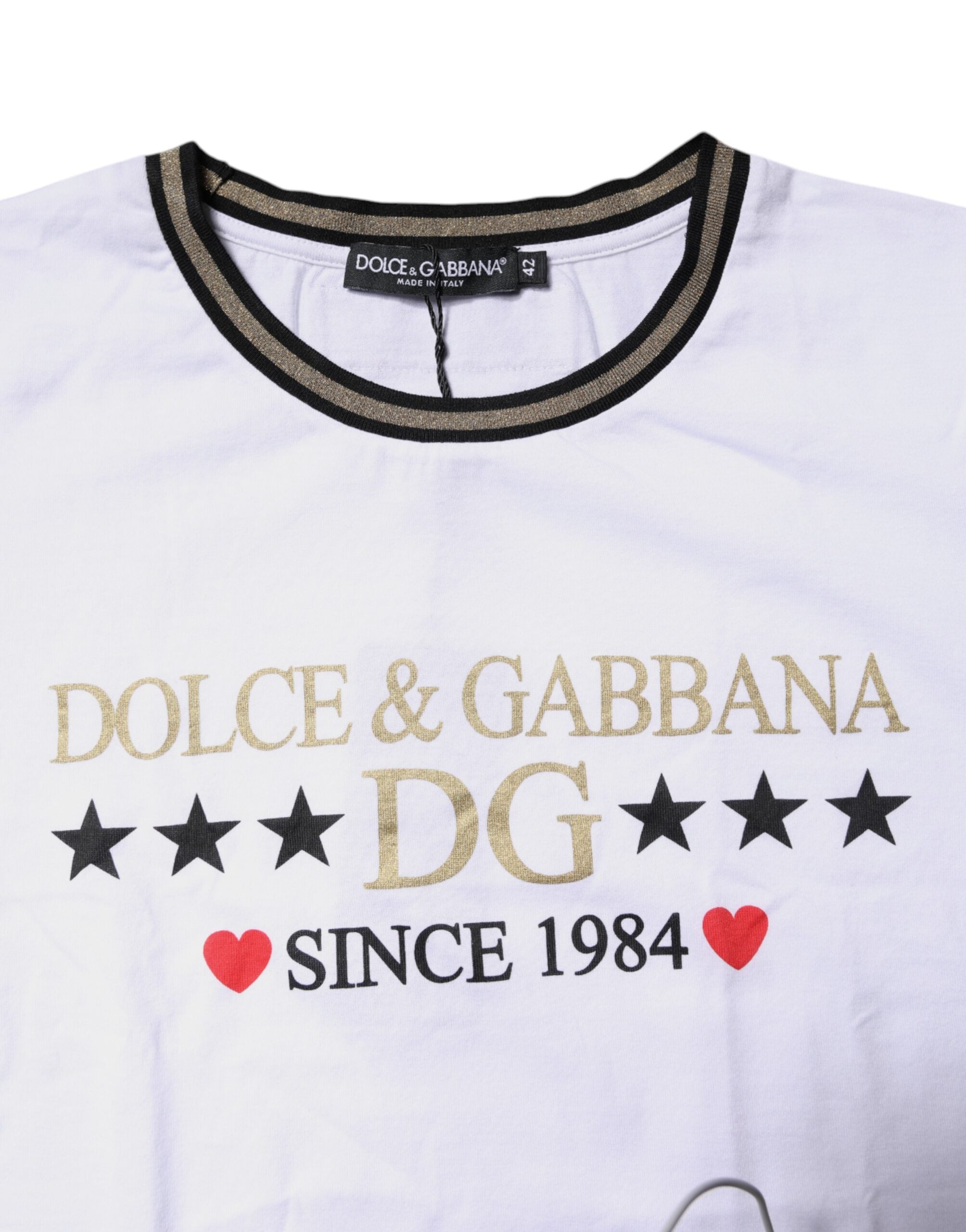 Dolce & Gabbana White Printed Round Neck Top Cotton Women's T-shirt