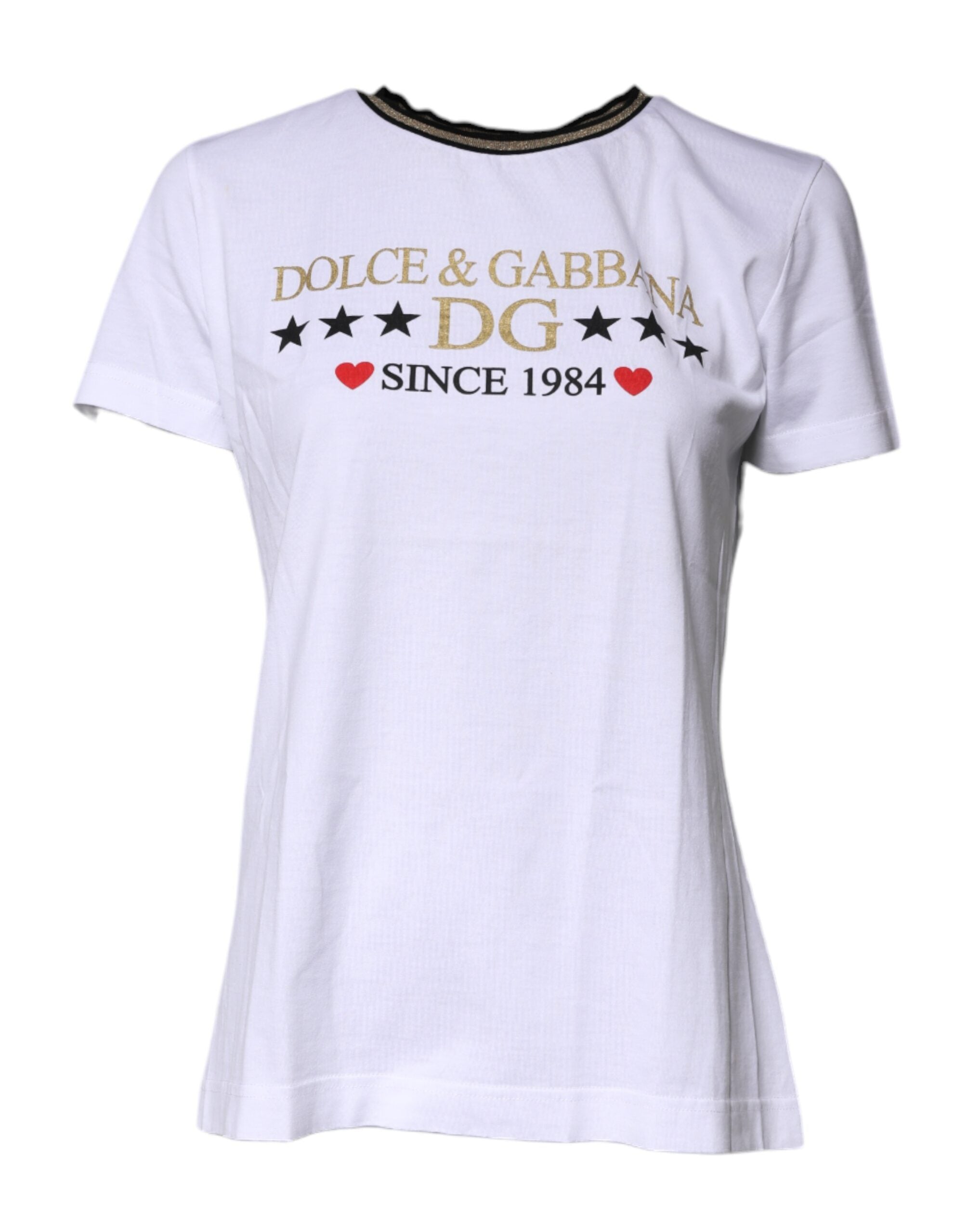 Dolce & Gabbana White Printed Round Neck Top Cotton Women's T-shirt (Pre-Owned)
