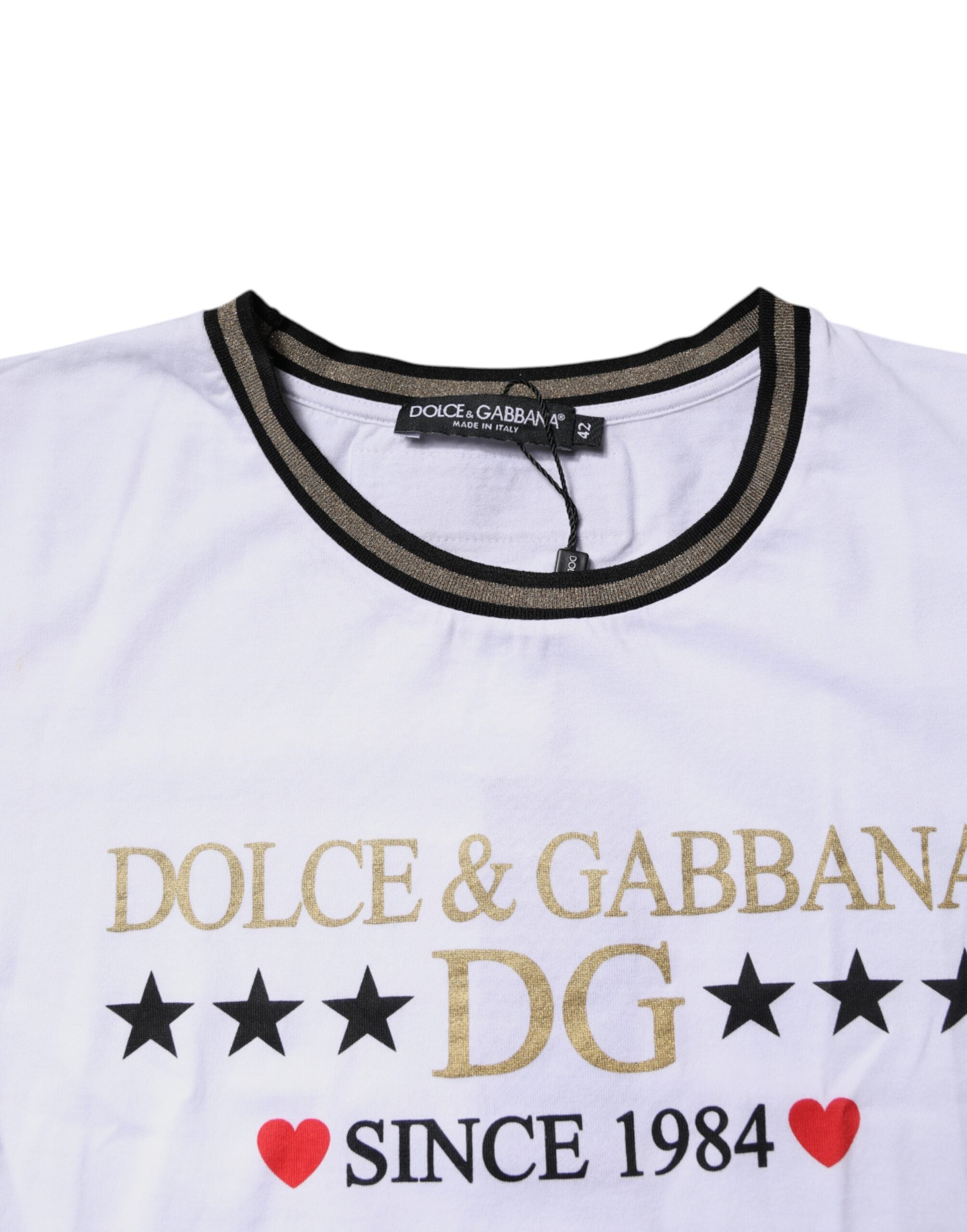 Dolce & Gabbana White Printed Round Neck Top Cotton Women's T-shirt (Pre-Owned)