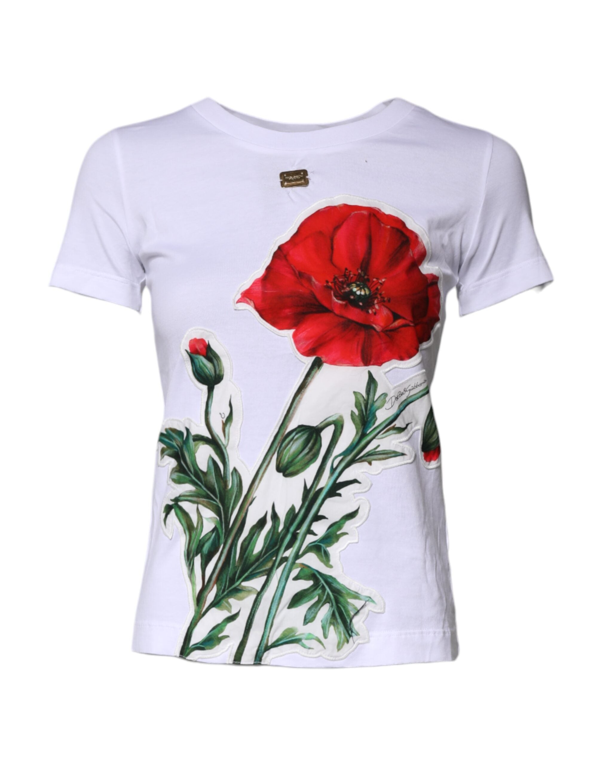 Dolce & Gabbana White Floral Print Cotton Crew Neck Women's T-shirt (Pre-Owned)