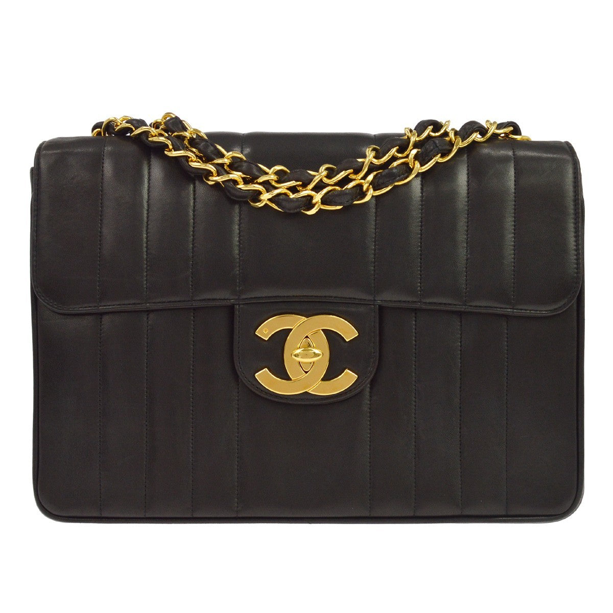 Chanel Classic Flap Vertical Quilted Lambskin Black Leather Handbag (Pre-Owned)
