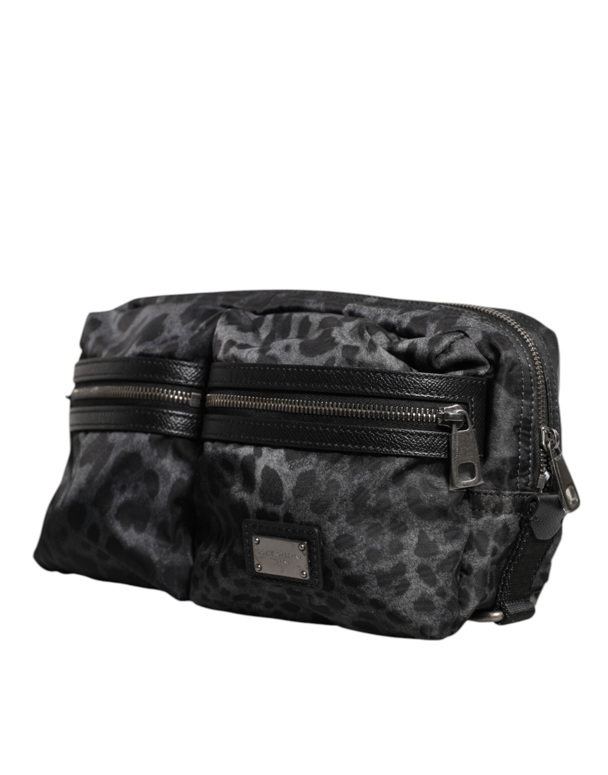 Dolce & Gabbana Black Gray Leopard DG Logo Belt Waist Fanny Pack Men's Bag