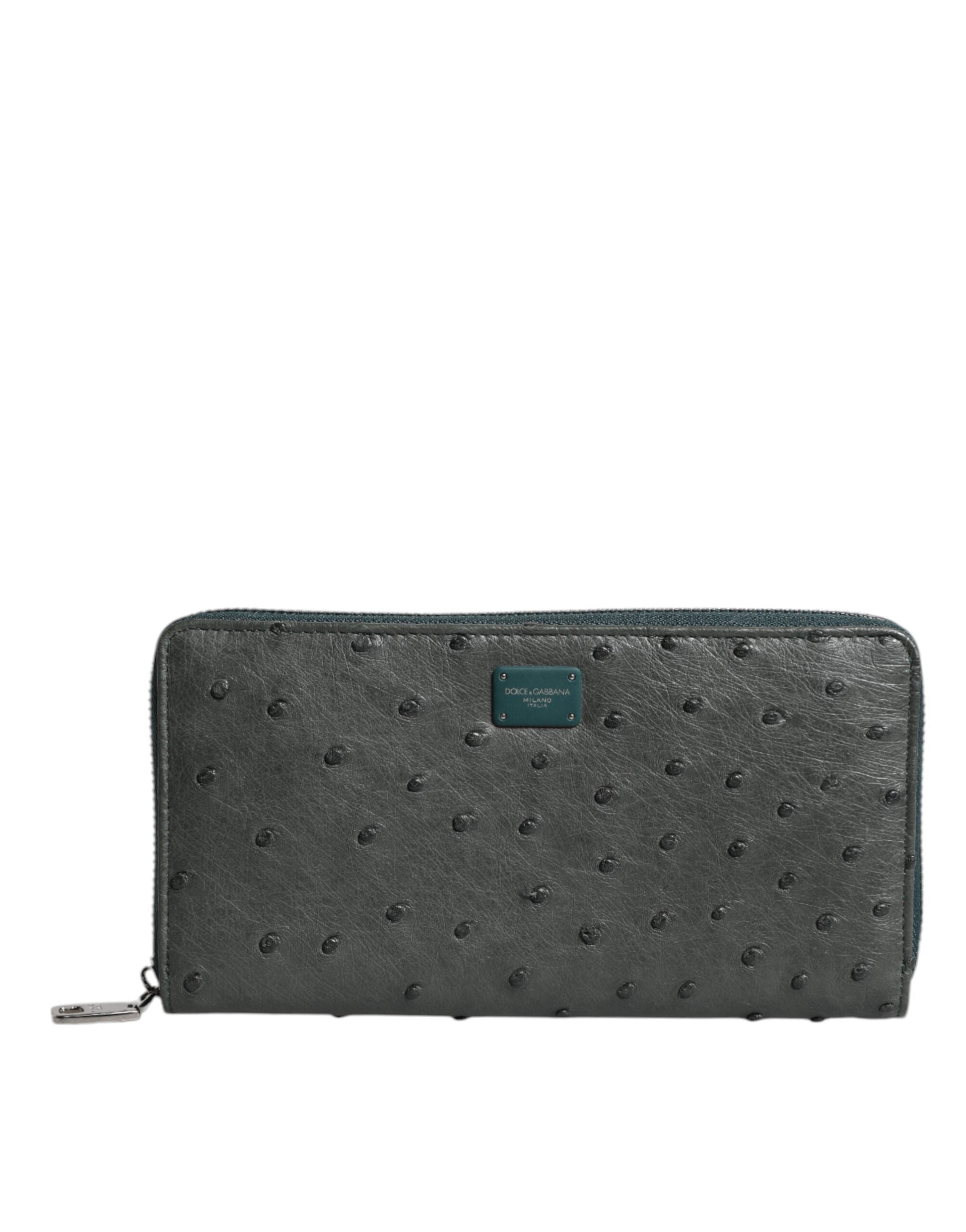 Dolce & Gabbana Green Ostrich Logo Plaque Zip Around Continental Men's Wallet
