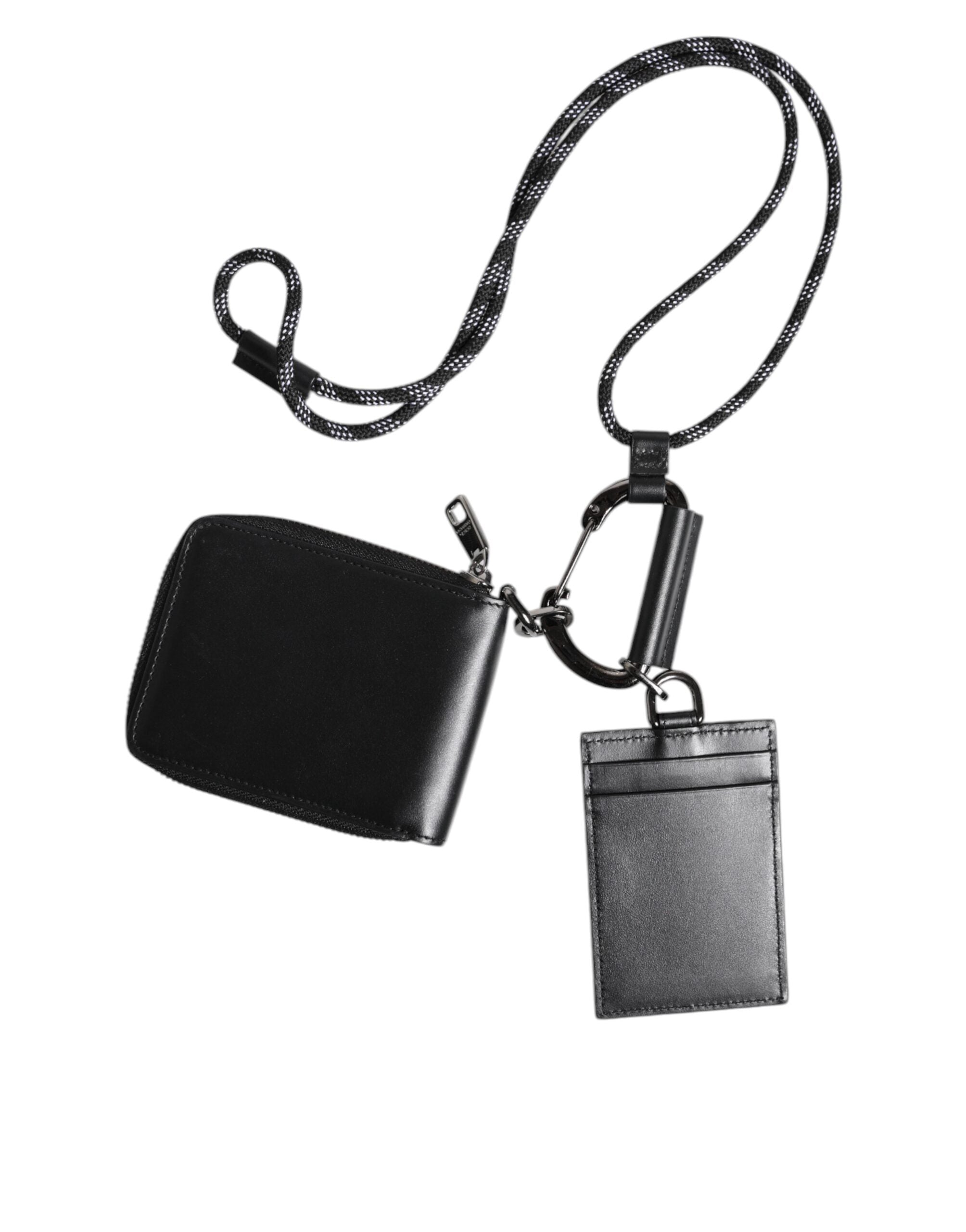 Dolce & Gabbana Black Leather Lanyard Zip Around Card Holder Men's Wallet