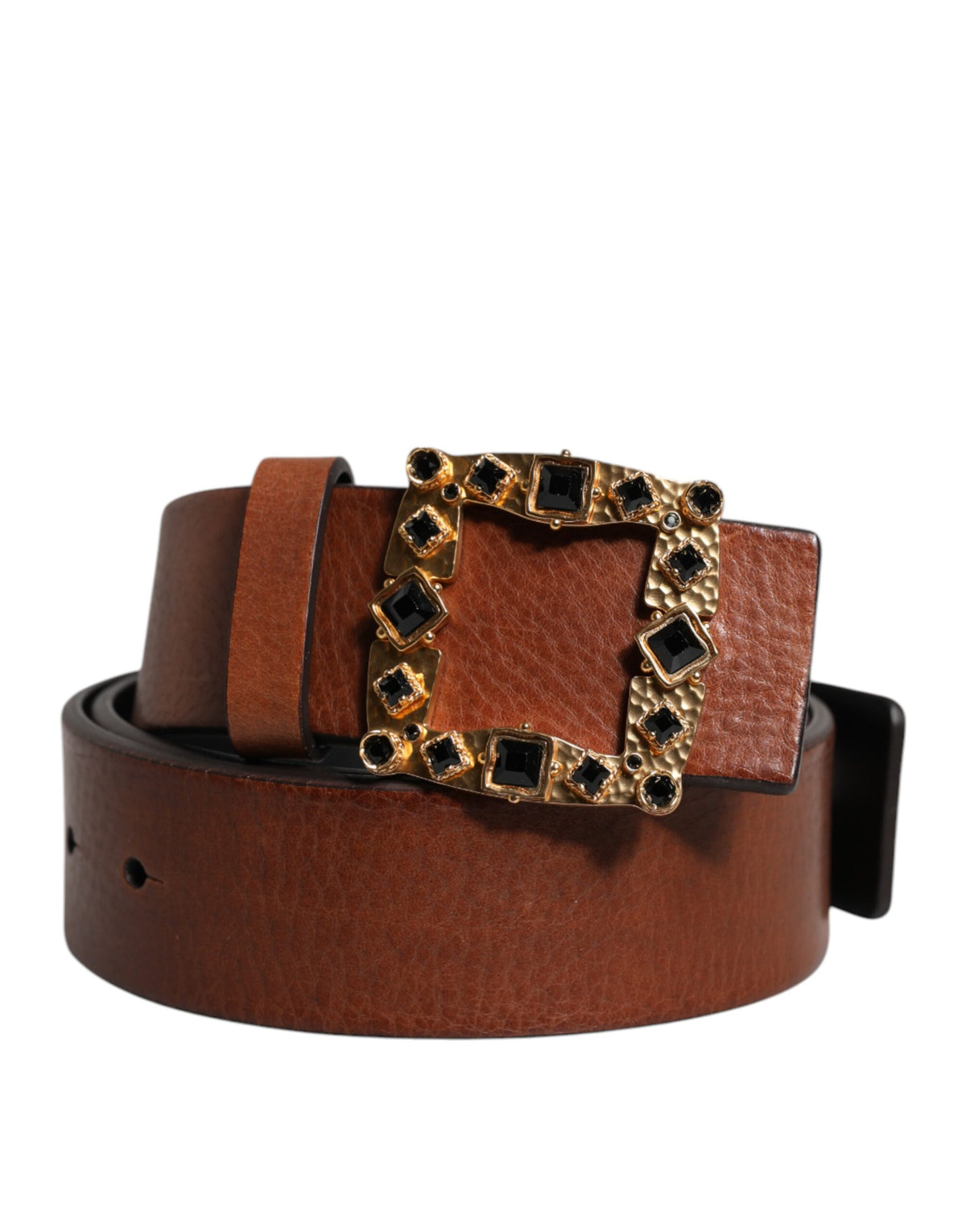 Dolce & Gabbana Brown Leather Gold Crystal Buckle Men's Belt (Pre-Owned)