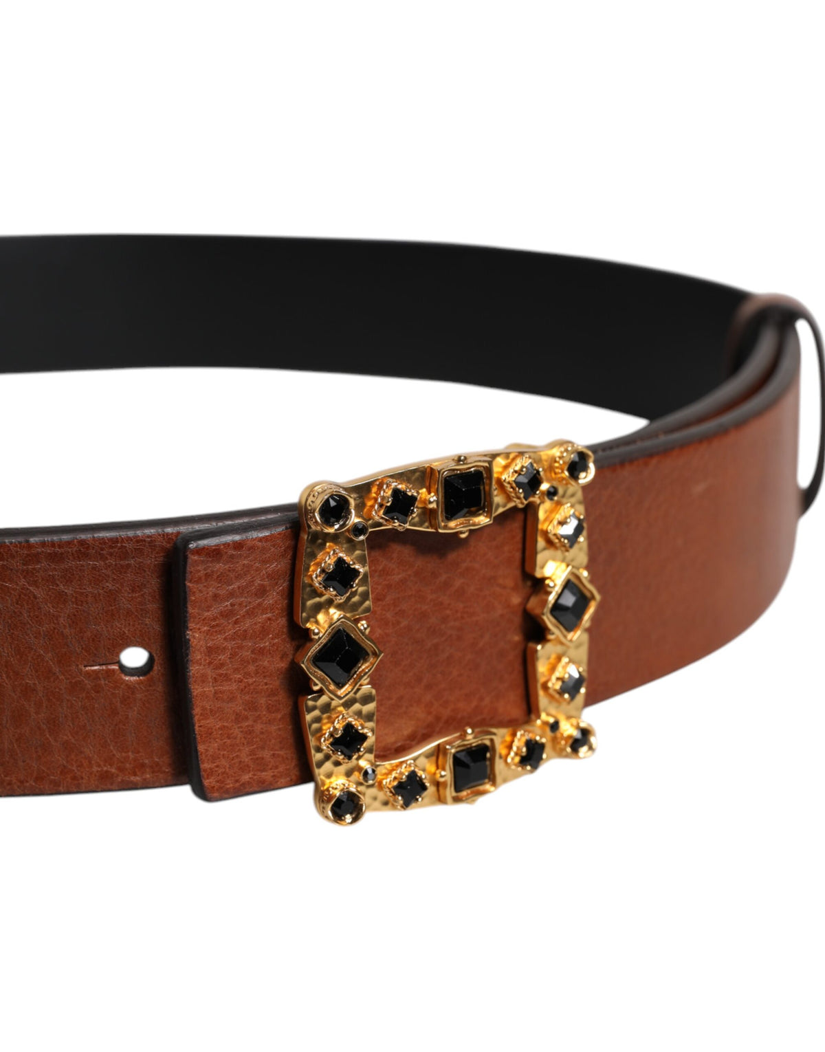 Dolce & Gabbana Brown Leather Gold Crystal Buckle Men's Belt (Pre-Owned)