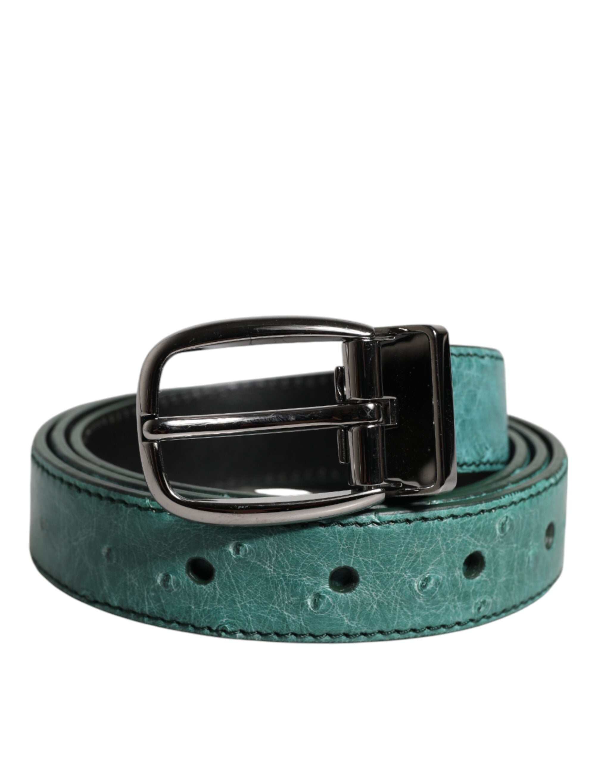 Dolce & Gabbana Green Ostrich Leather Silver Metal Buckle Women's Belt