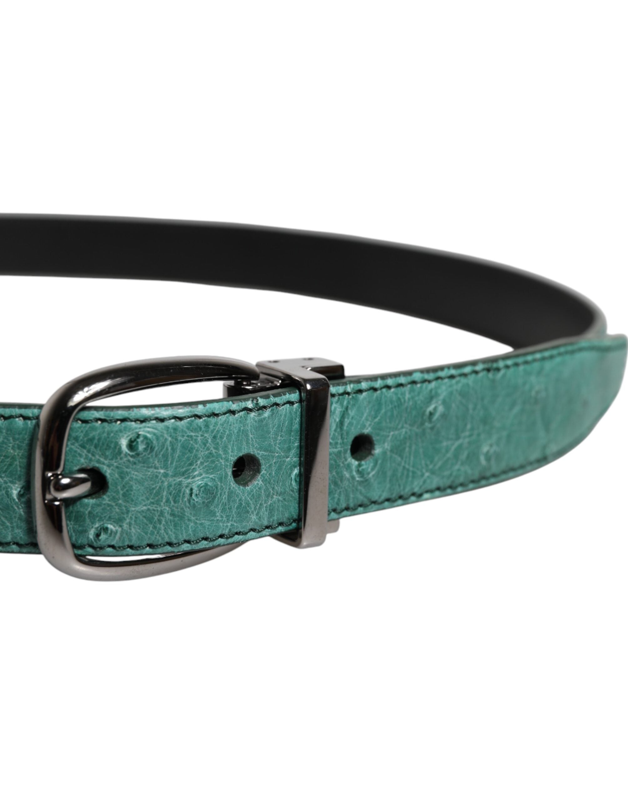 Dolce & Gabbana Green Ostrich Leather Silver Metal Buckle Women's Belt
