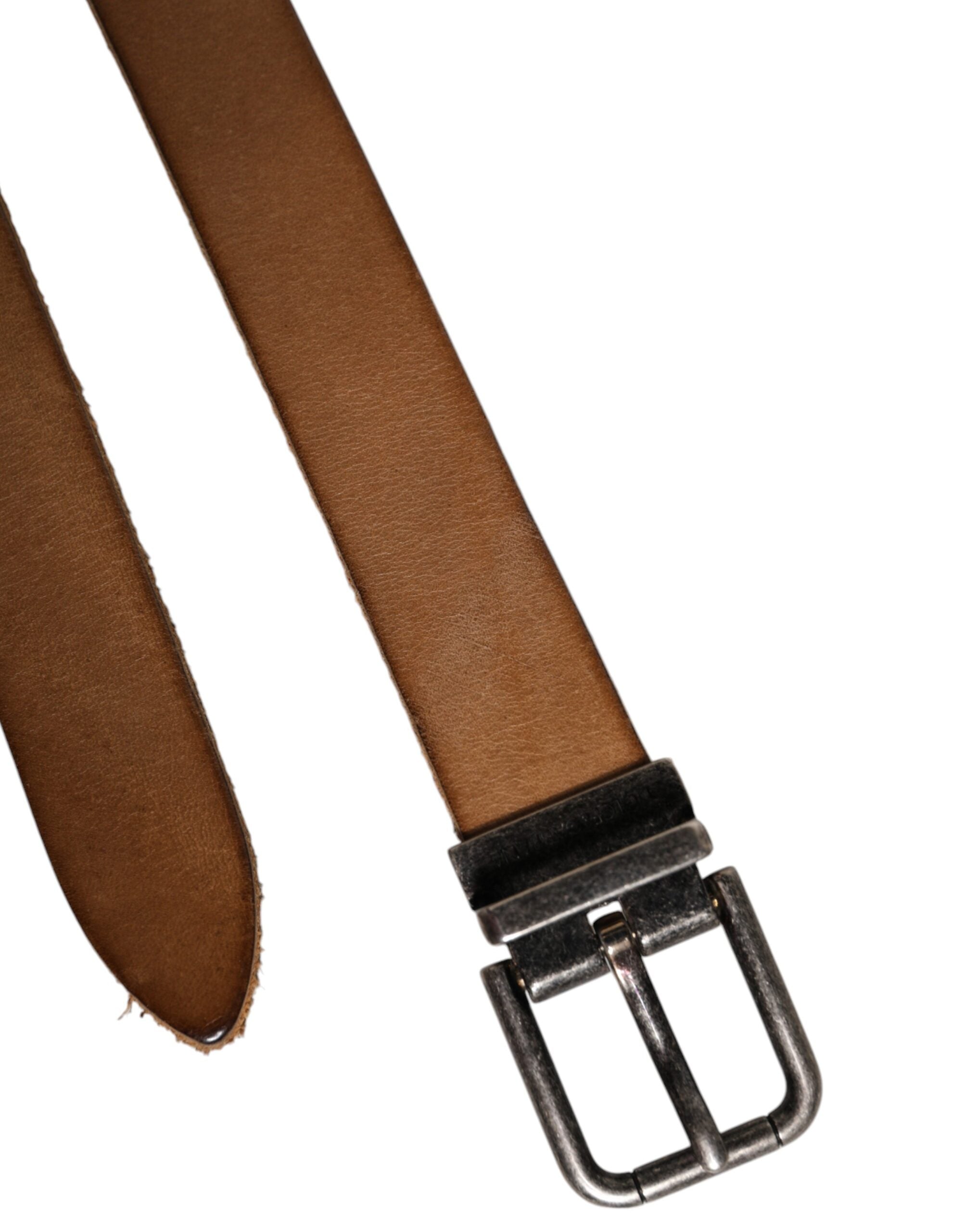 Dolce & Gabbana Brown Leather Silver Tone Metal Buckle Men's Belt