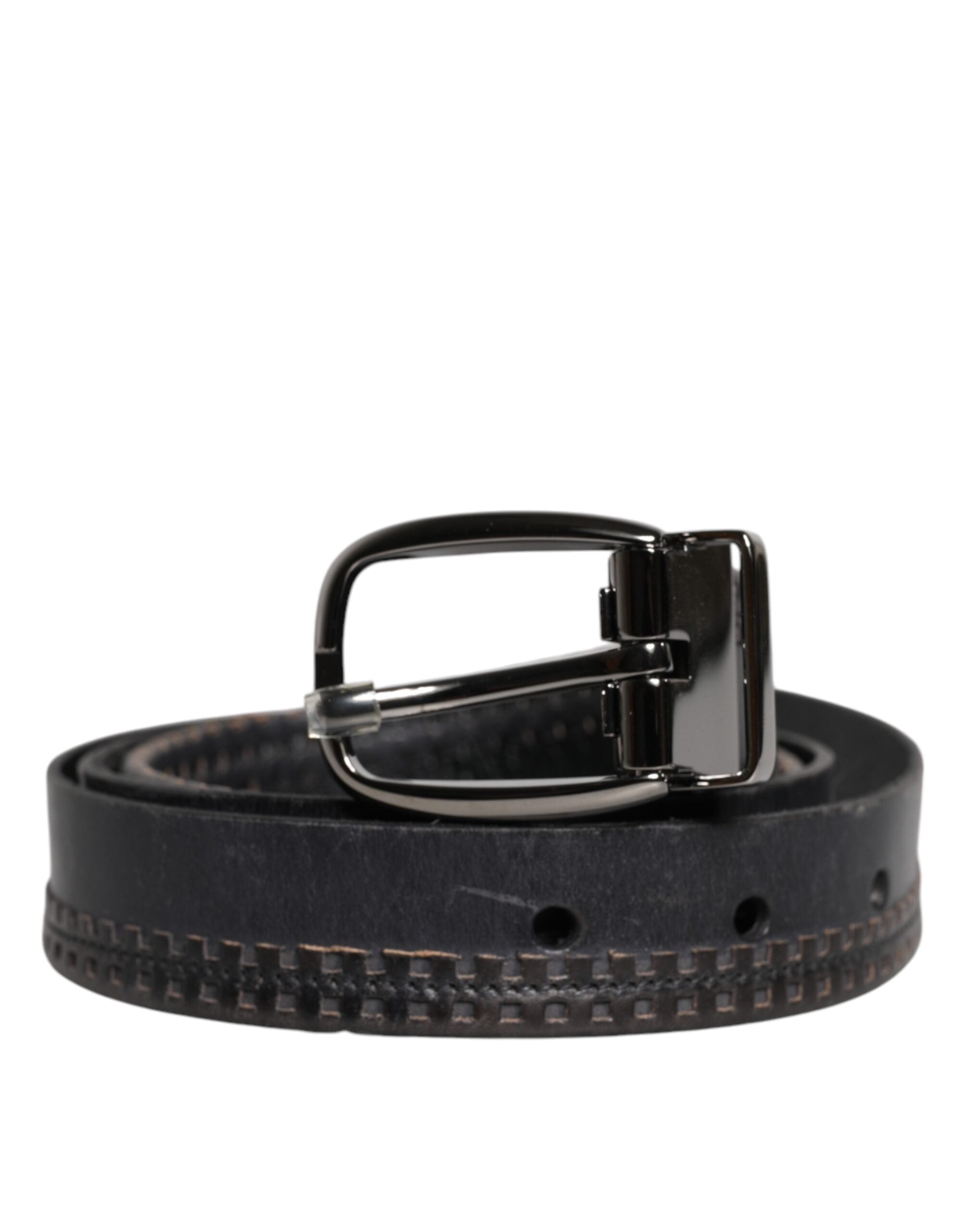 Dolce & Gabbana Black Leather Silver Tone Metal Buckle Men's Belt (Pre-Owned)
